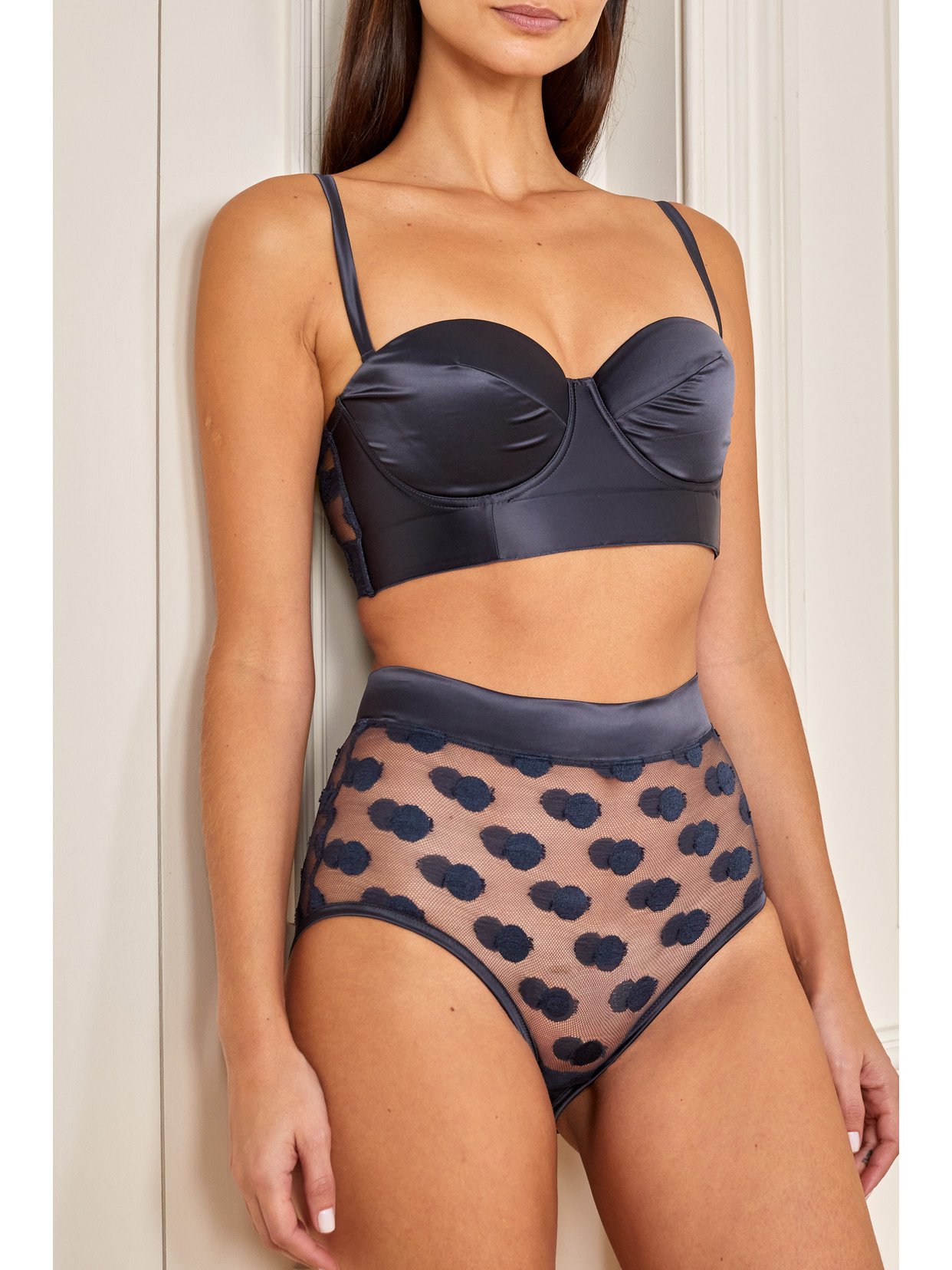 Shop Eres Automne Satin-trimmed Polka-dot Leavers Lace Briefs In Blue