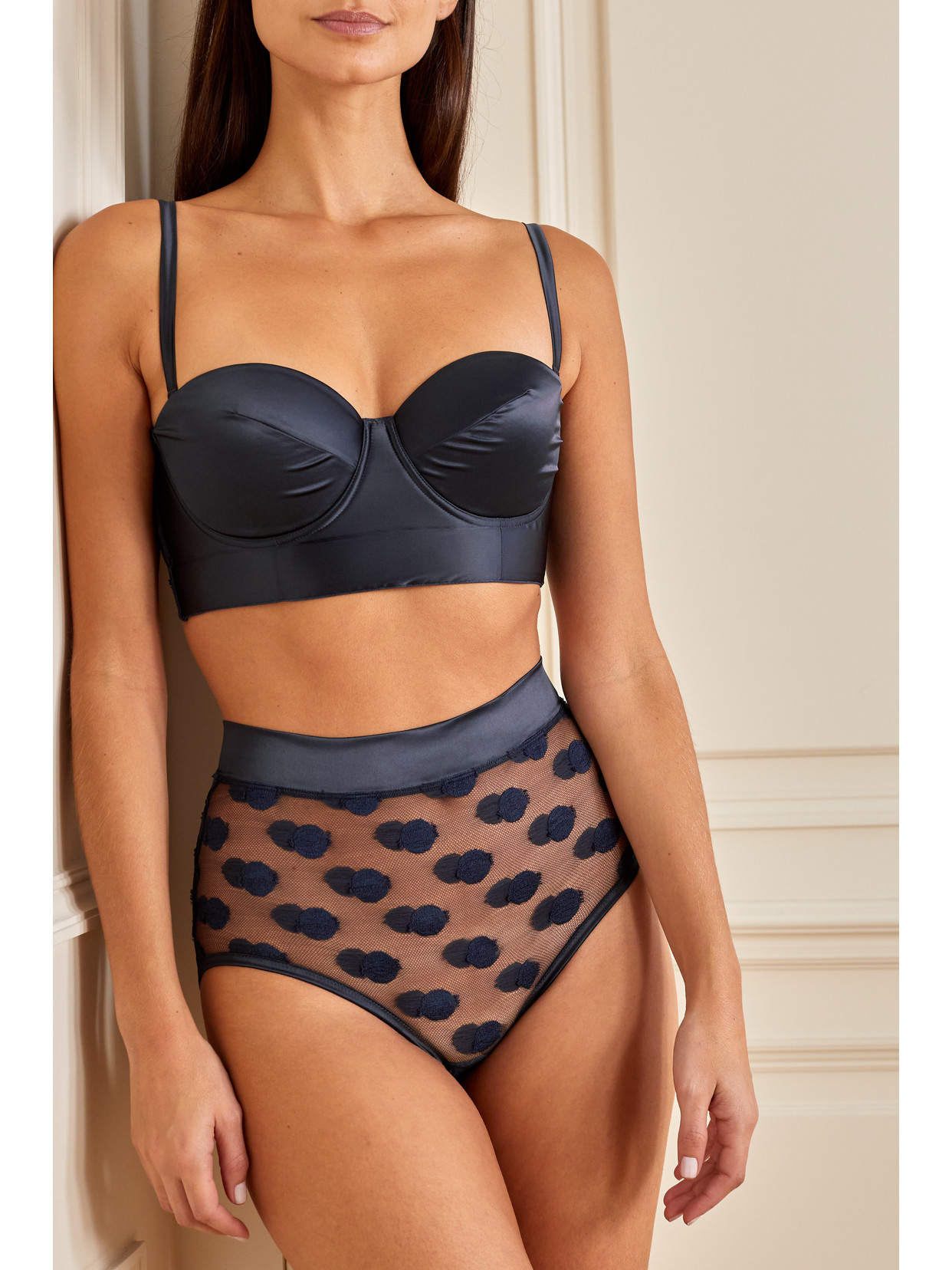 Shop Eres Caresses Polka-dot Stretch-leavers Lace And Satin Underwired Bustier Bra In Blue