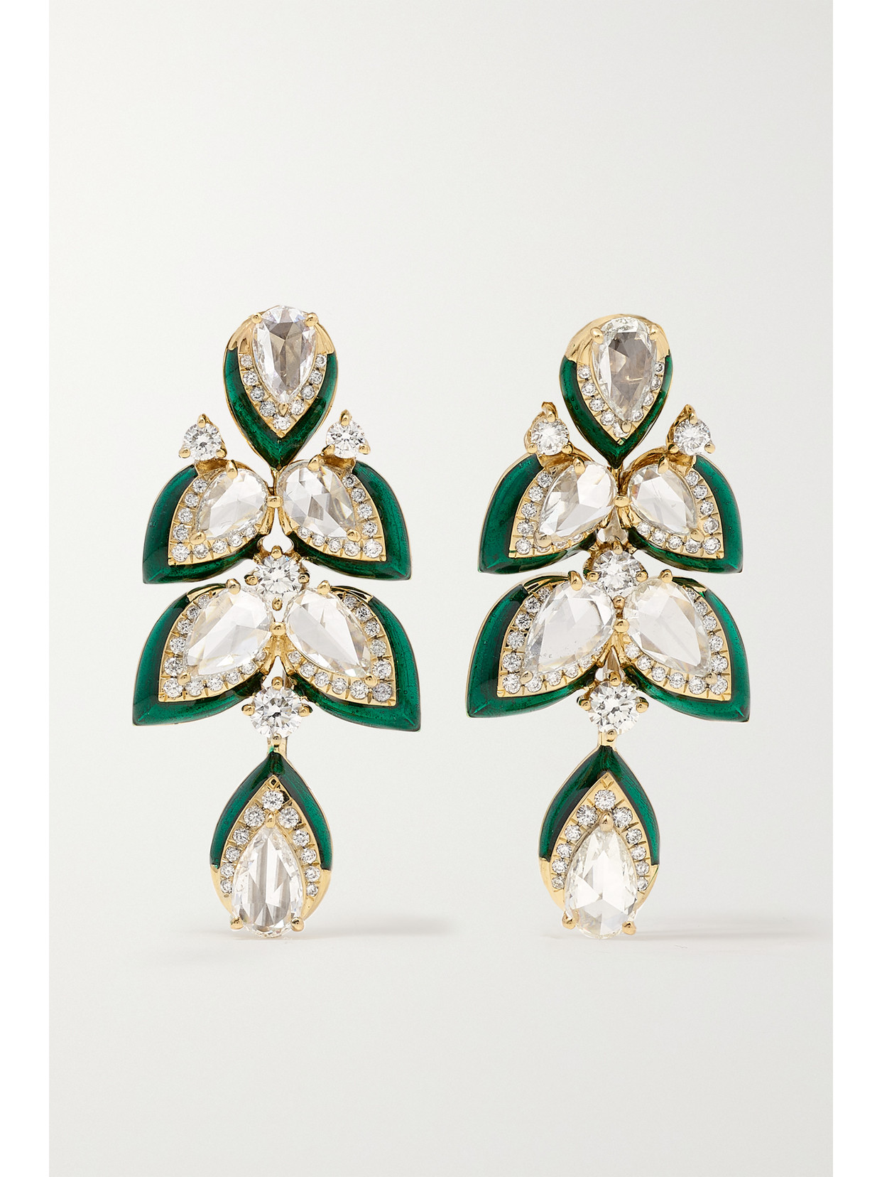 Kamyen - Blossom 18-karat White Gold, Diamond And Enamel Earrings - Green