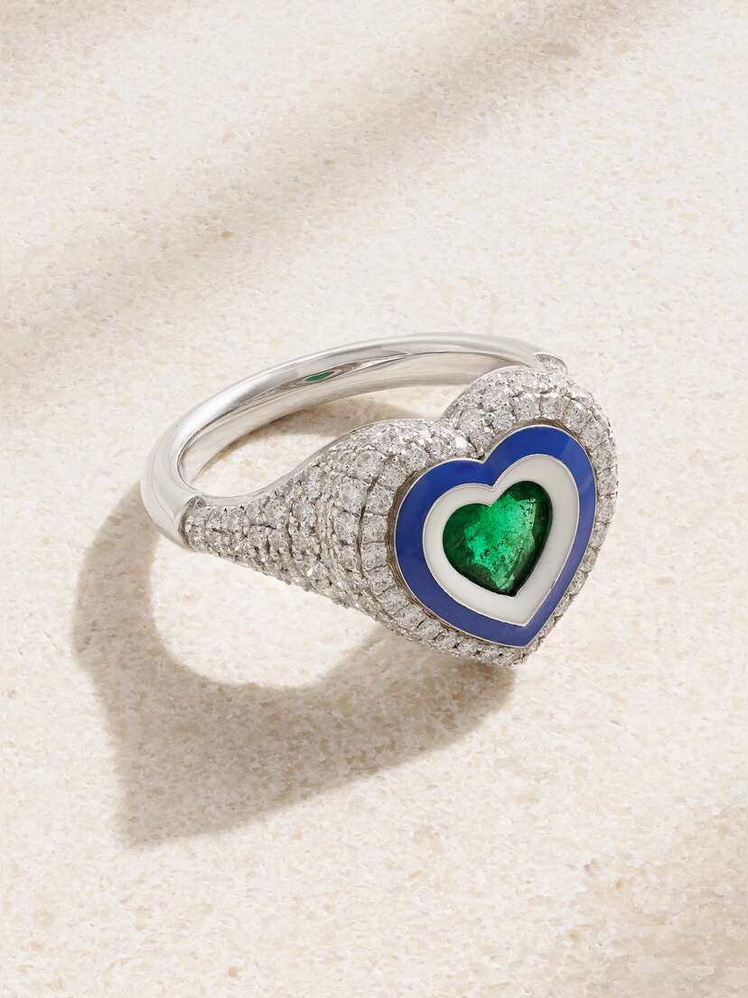 Kamyen 18-karat White Gold, Enamel, Diamond And Emerald Ring