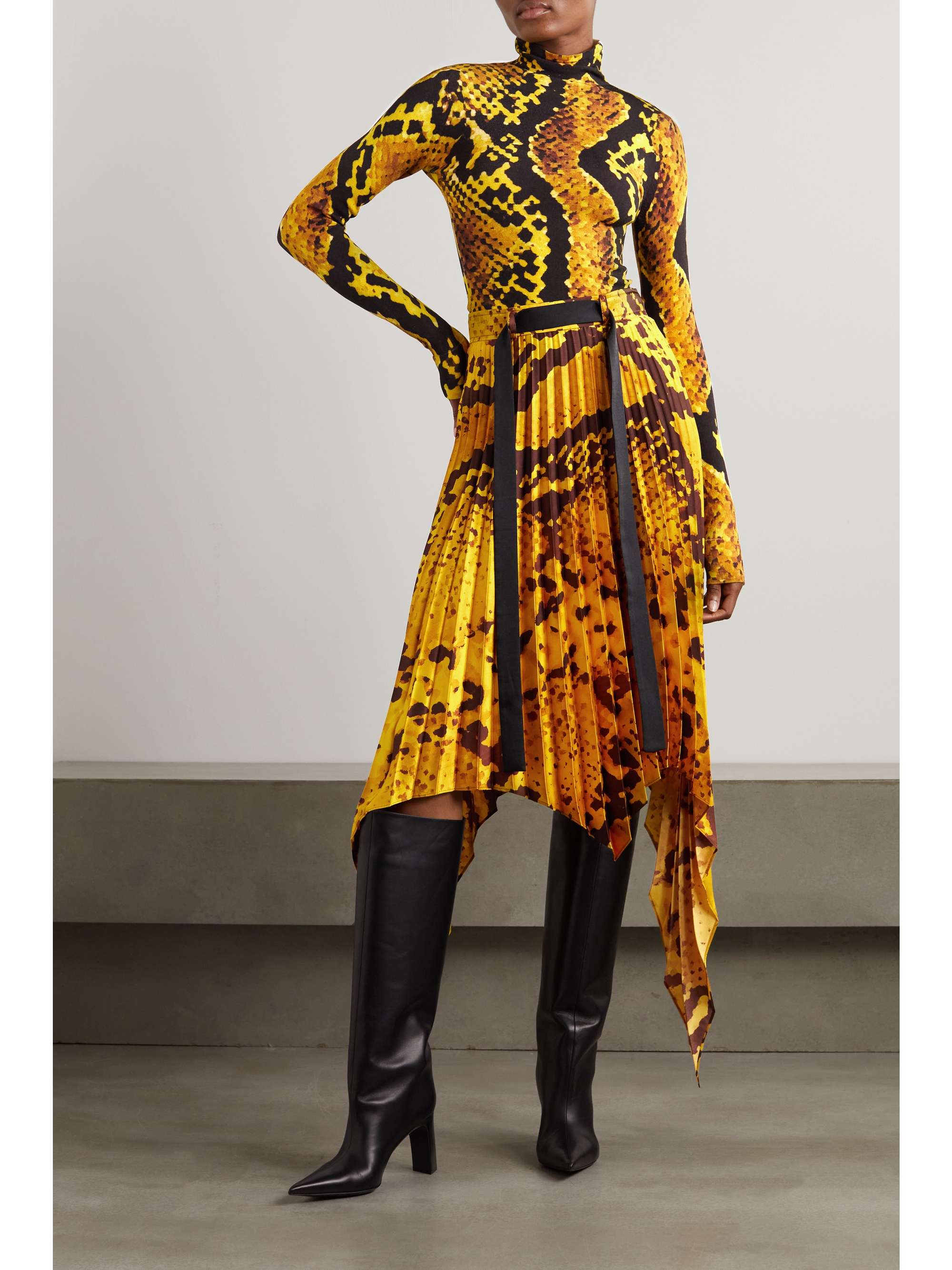 AZ FACTORY + Thebe Magugu asymmetric belted snake-print pleated recycled crepe midi skirt
