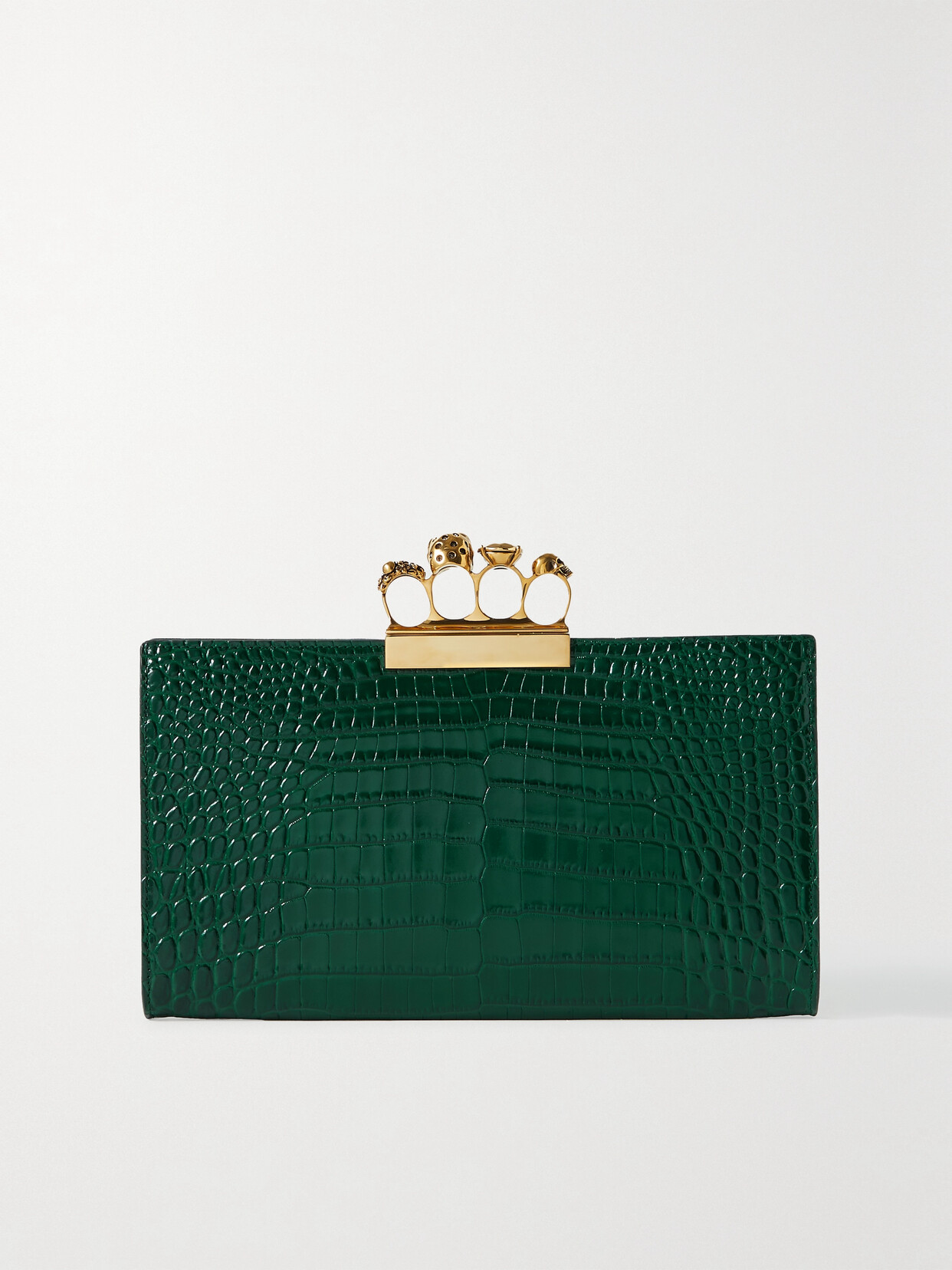 Shop Alexander Mcqueen Four Ring Embellished Croc-effect Leather Clutch In Green