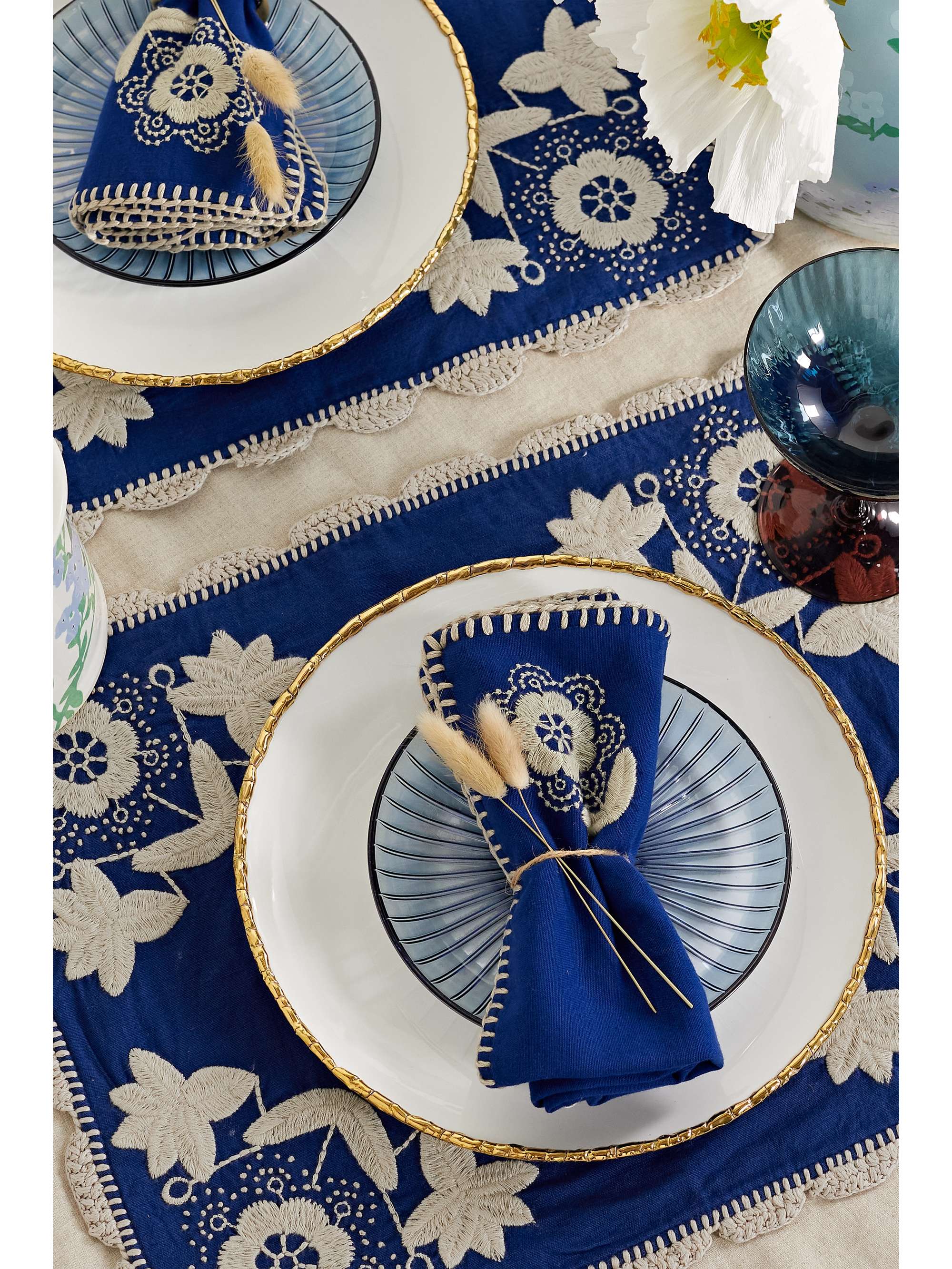SEA Set de deux serviettes de table en coton à broderies et à points roulés