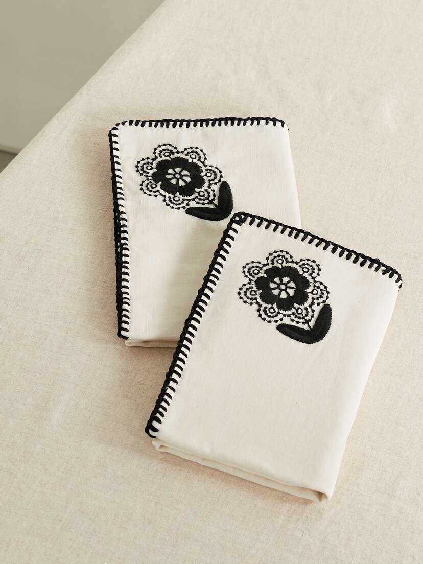 Sea Set Of Two Whipstitched Embroidered Cotton Napkins