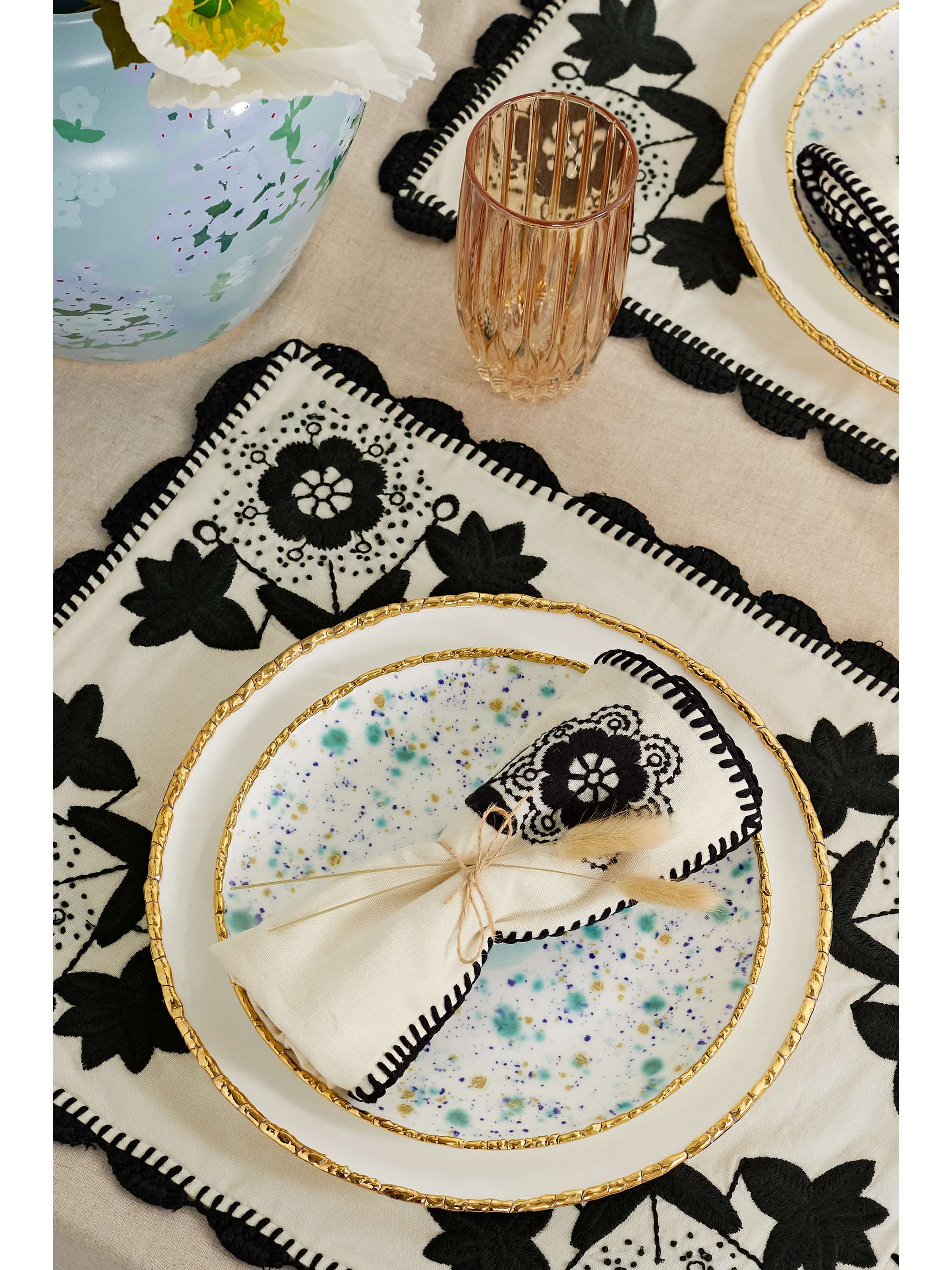 SEA Set de deux serviettes de table en coton à broderies et à points roulés
