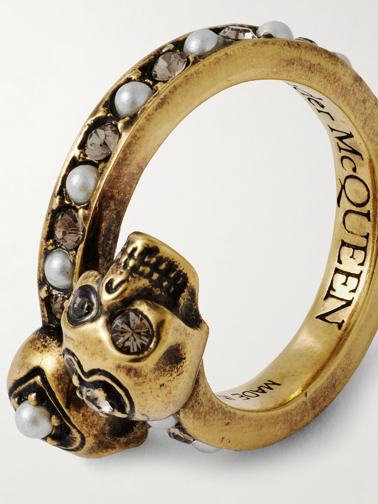 Alexander Mcqueen Wrapped Skull Gold-tone, Crystal And Faux Pearl Ring In Gold
