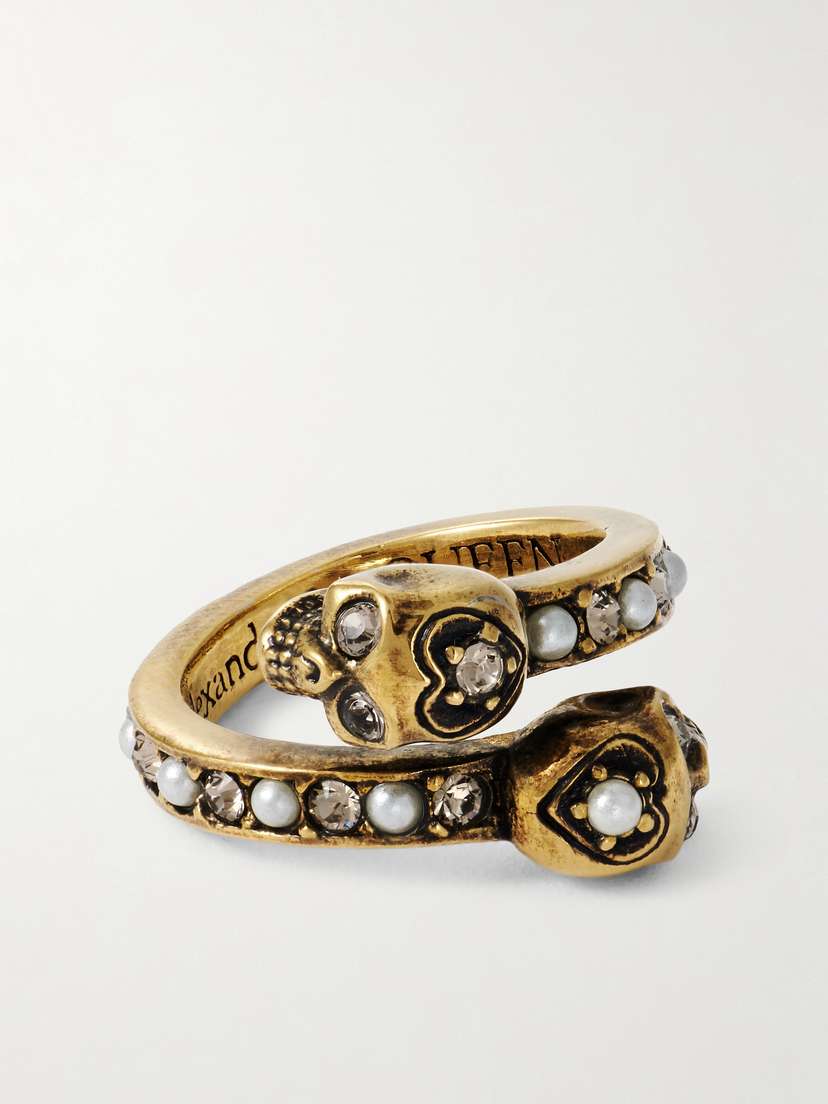 McQueen Wrapped Skull Gold-tone, Crystal And Faux Pearl Ring