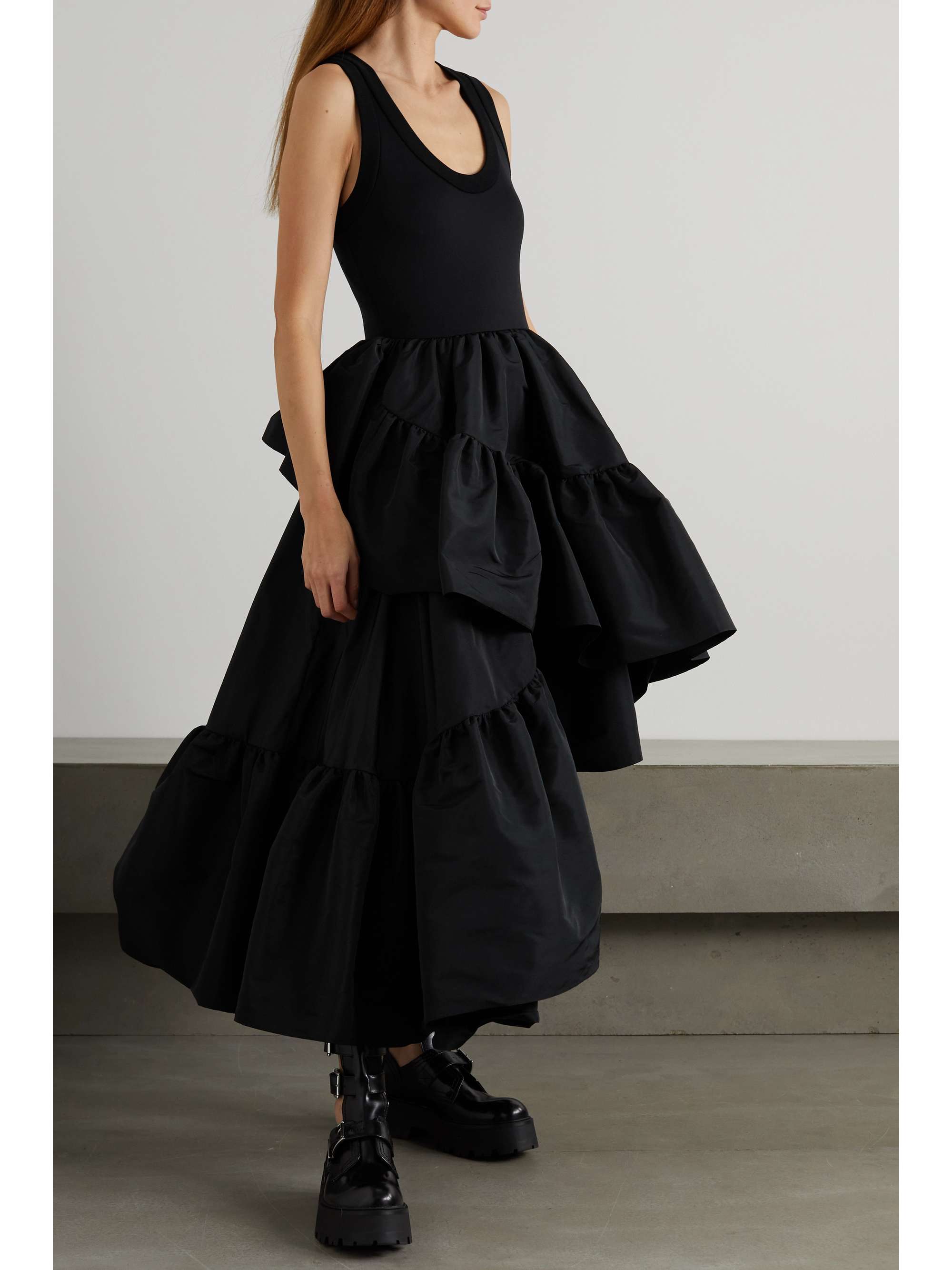 MCQUEEN Ruffled tiered taffeta and stretch-jersey dress