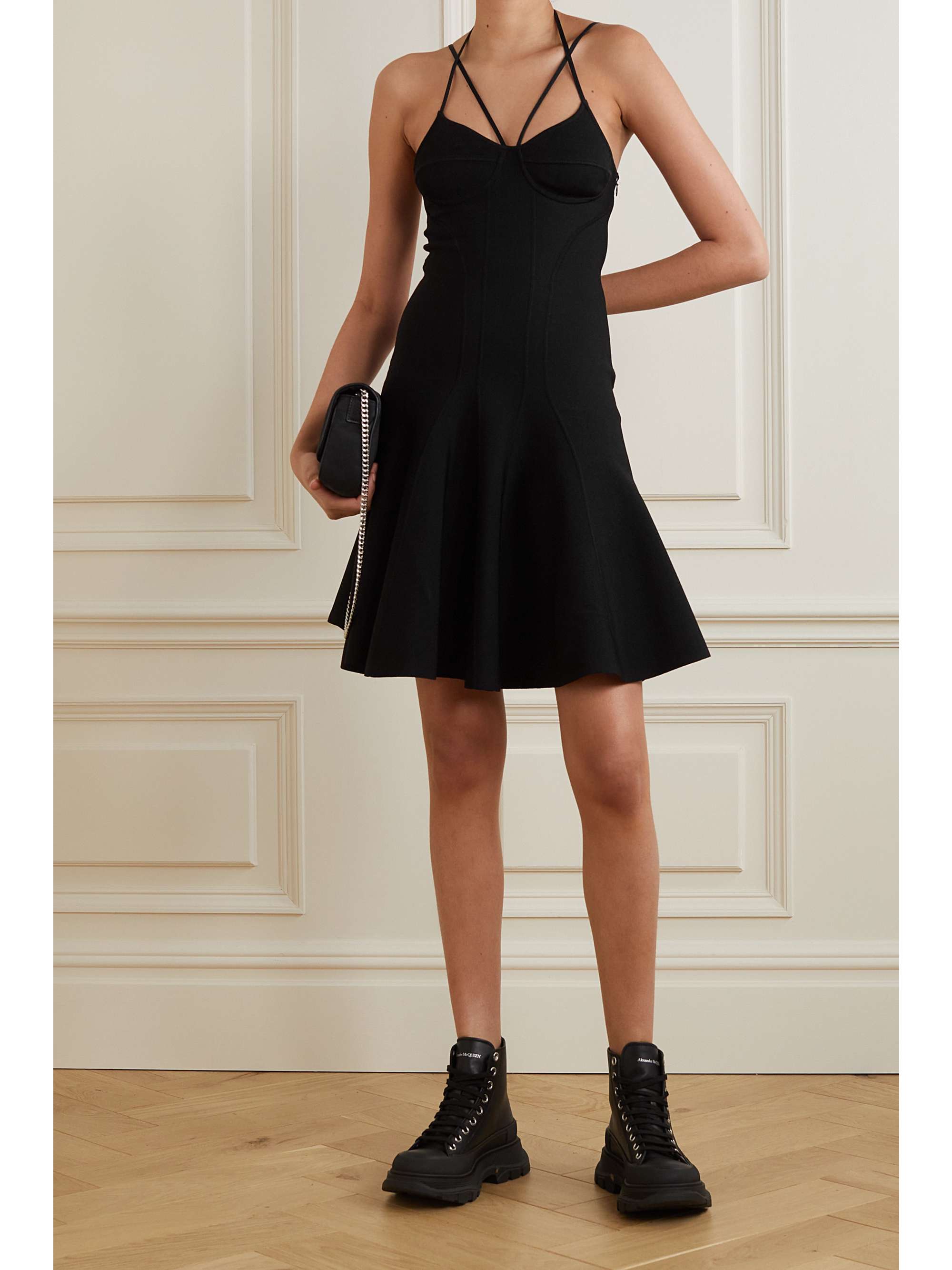 Black Pleated ribbed-ponte halterneck 