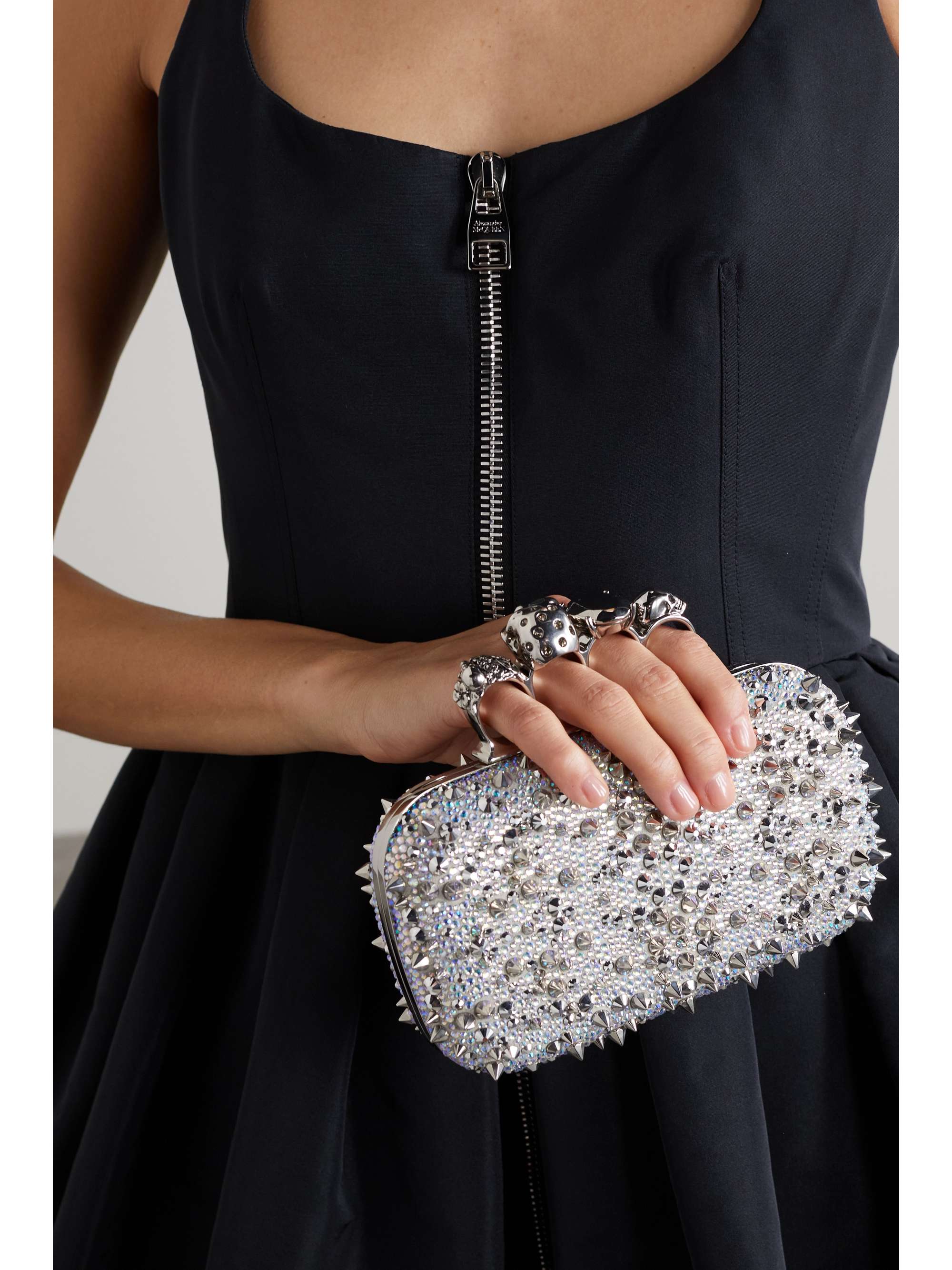 Four Ring spiked crystal-embellished leather clutch