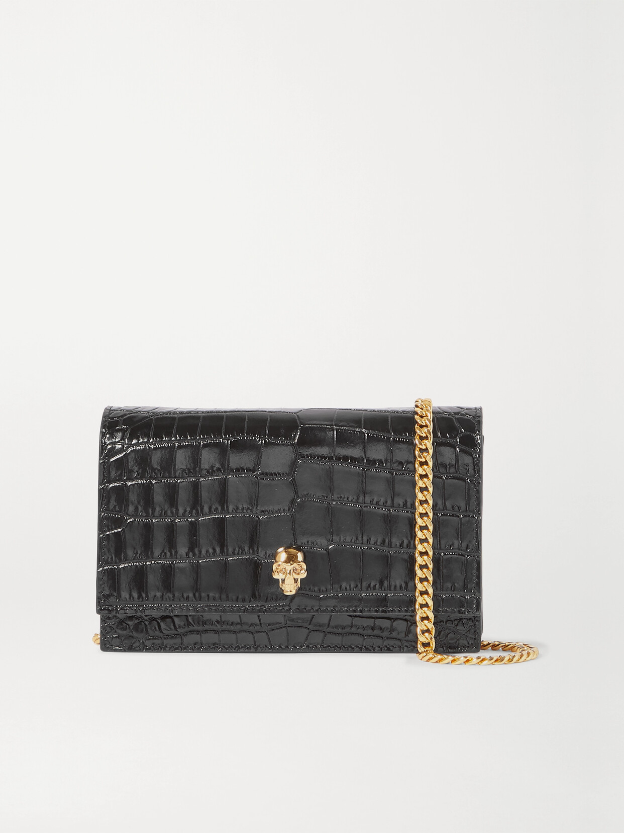 Alexander Mcqueen Skull Small Embellished Croc-effect Patent-leather Shoulder Bag In Black