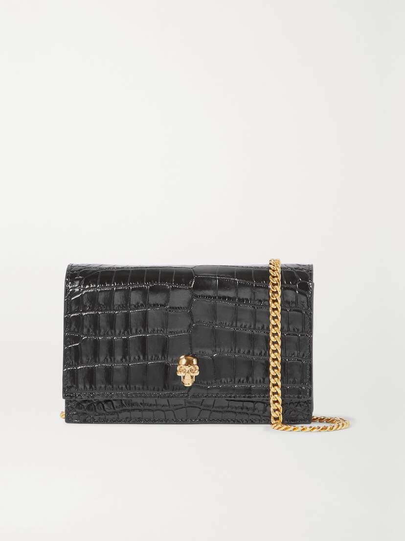 McQueen Skull Small Embellished Croc-effect Patent-leather Shoulder Bag