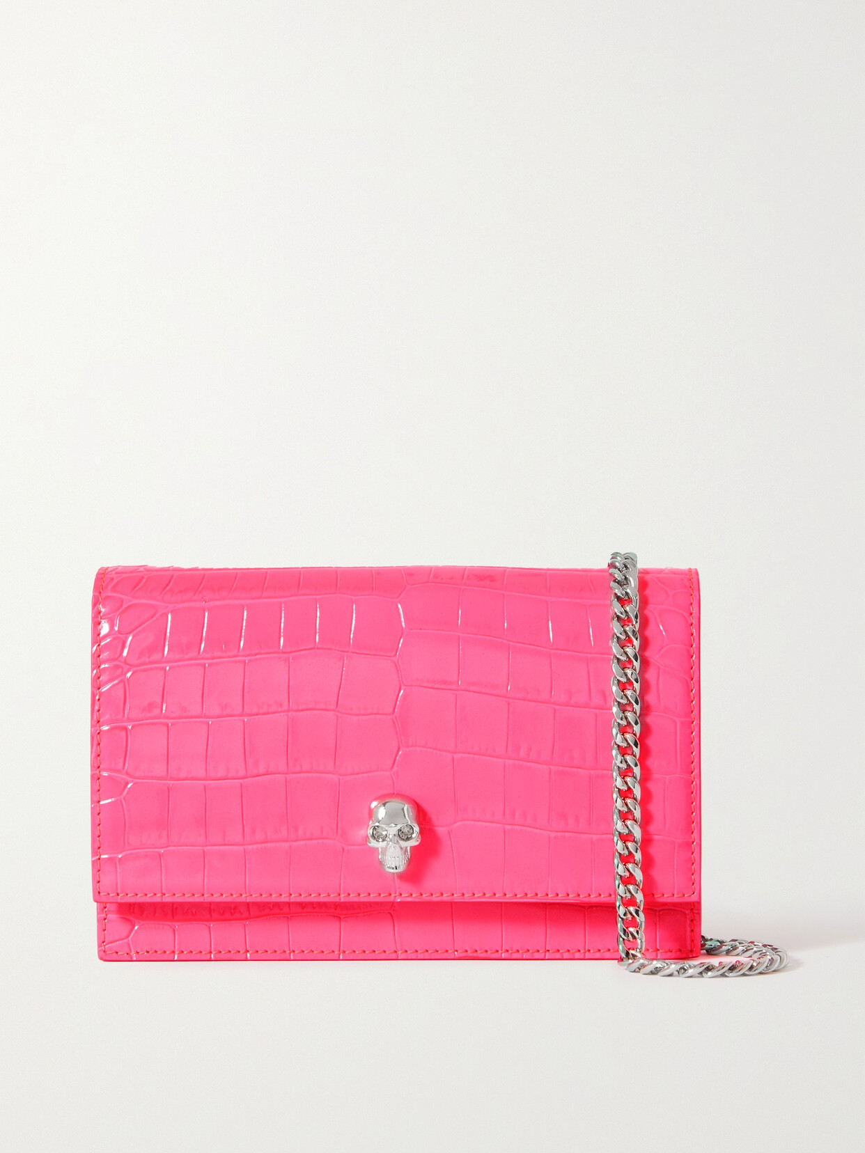 Alexander Mcqueen Skull Mini Embellished Neon Croc-effect Leather Shoulder Bag In Pink
