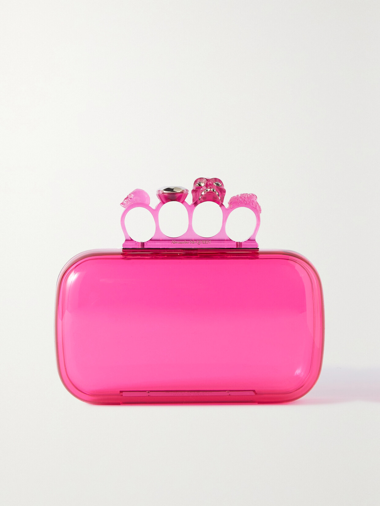 Alexander Mcqueen Skull Four Ring Embellished Acrylic Clutch In Pink