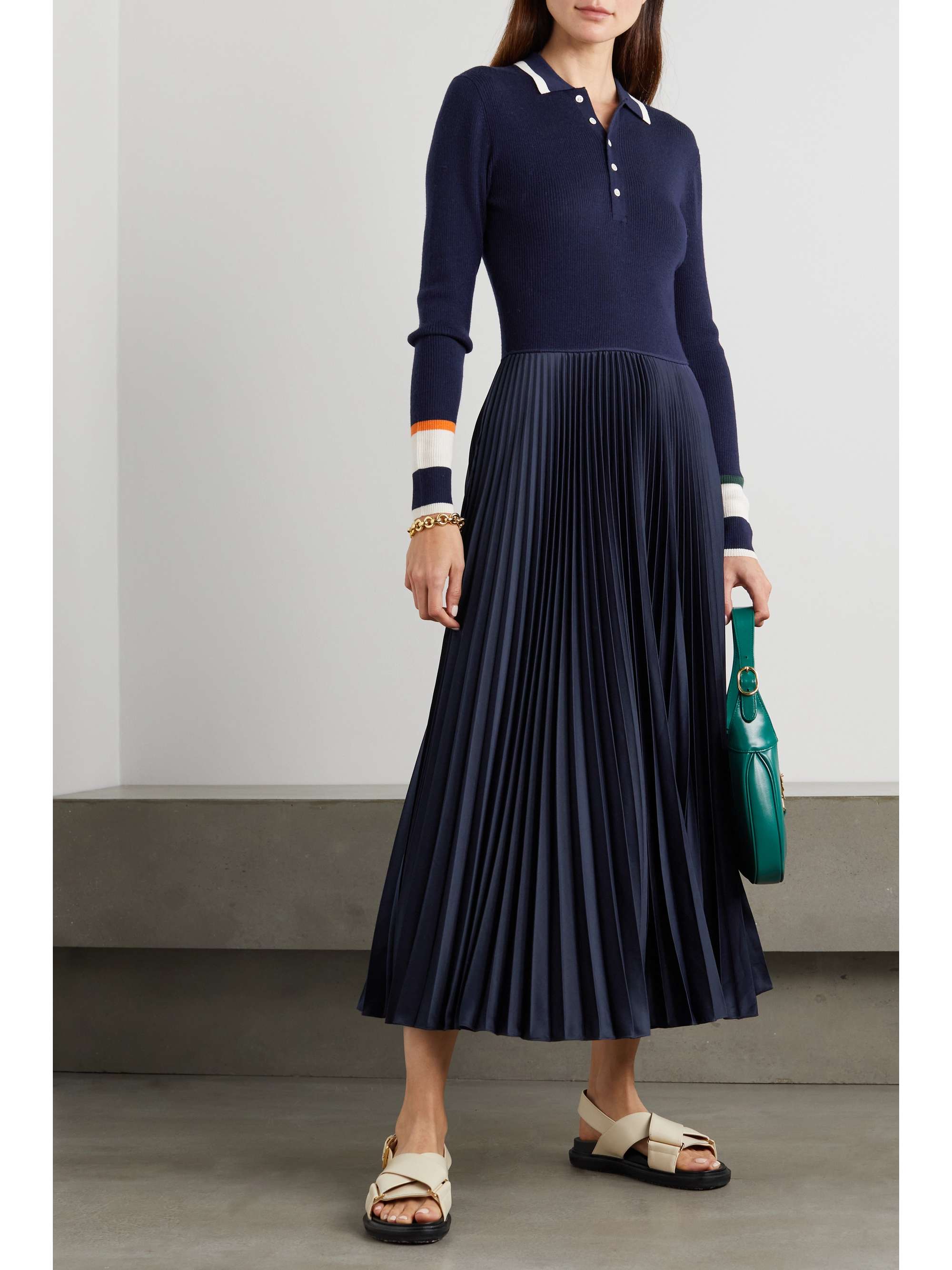 POLO RALPH LAUREN Striped wool-jersey and pleated satin midi dress |  NET-A-PORTER