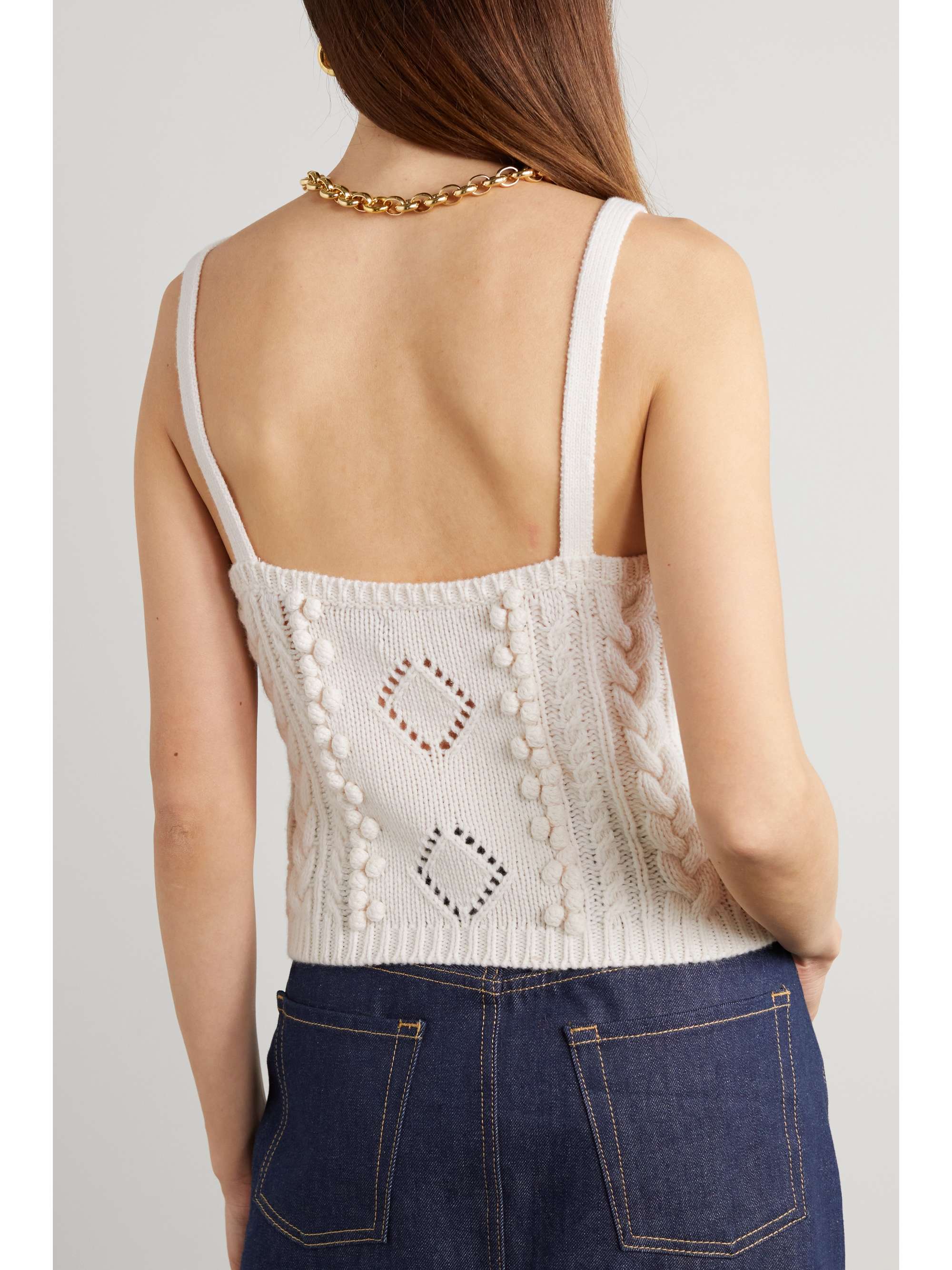 Cream Embroidered cable-knit wool-blend 