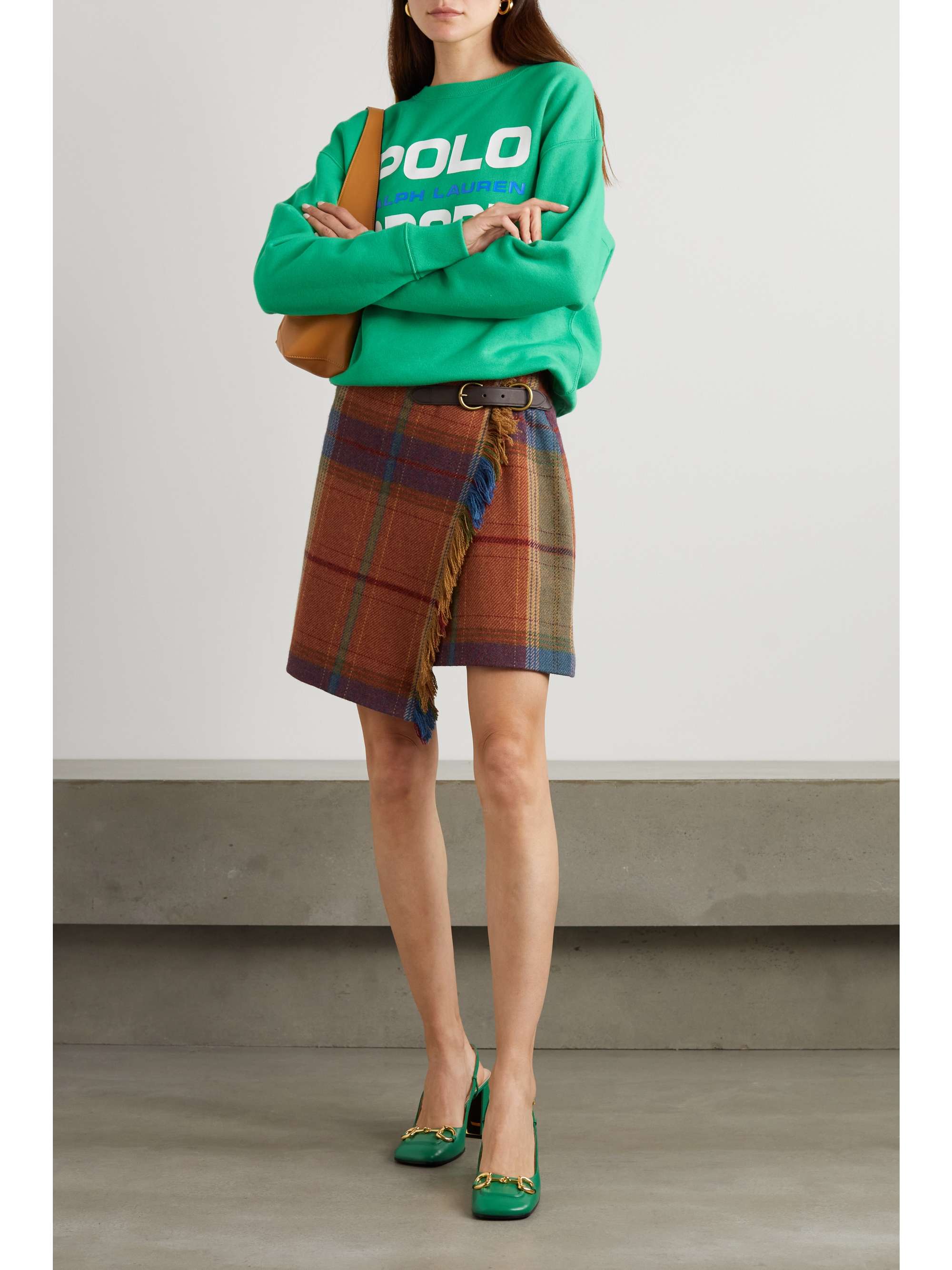 Orange Asymmetric frayed checked wool-blend wrap mini skirt | POLO RALPH LAUREN | NET-A-PORTER
