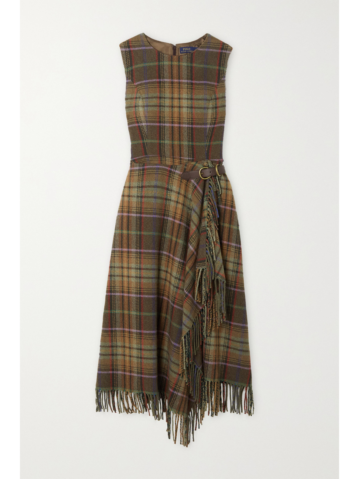 POLO RALPH LAUREN WRAP-EFFECT FRINGED CHECKED WOOL-BLEND MIDI DRESS