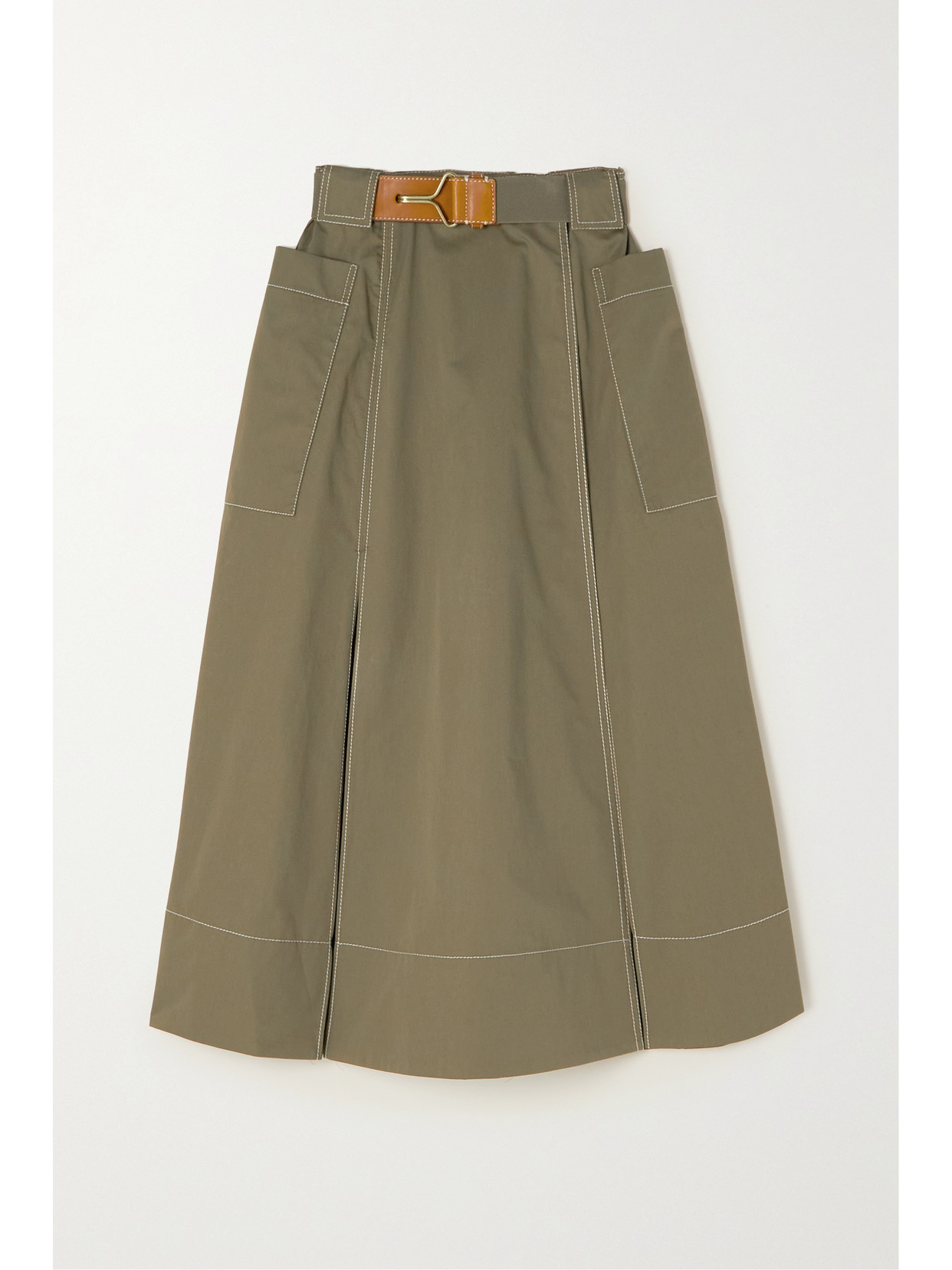 TORY BURCH LEATHER-TRIMMED BELTED PANELED TOPSTITCHED COTTON-TWILL MIDI SKIRT