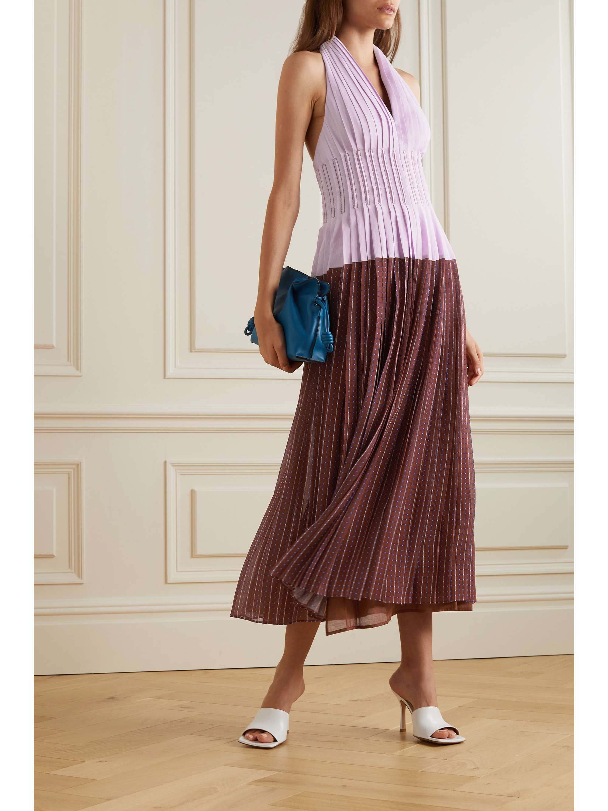 TORY BURCH Claire McCardell paneled pleated voile halterneck midi dress |  NET-A-PORTER