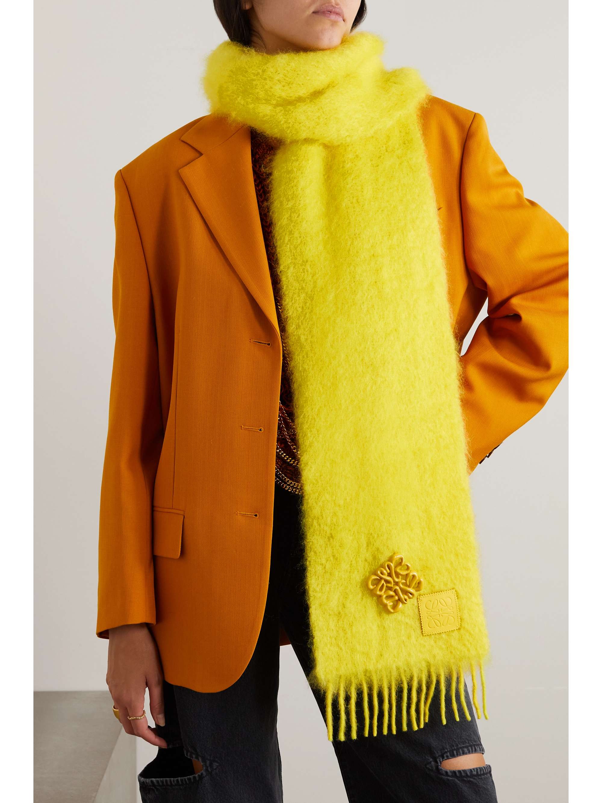 Embellished fringed mohair-blend scarf