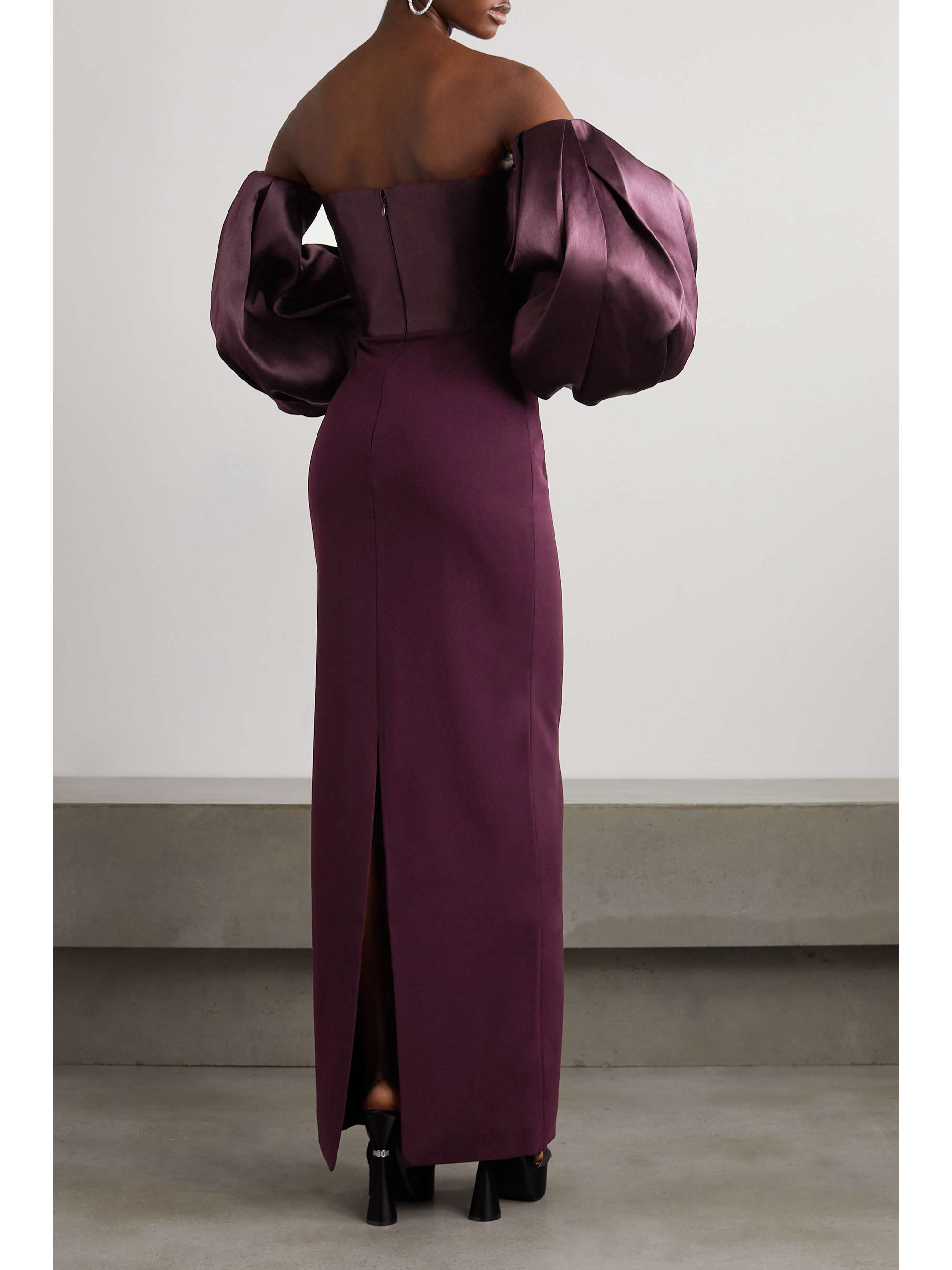 SOLACE LONDON Carmen off-the-shoulder gathered satin and crepe maxi dress