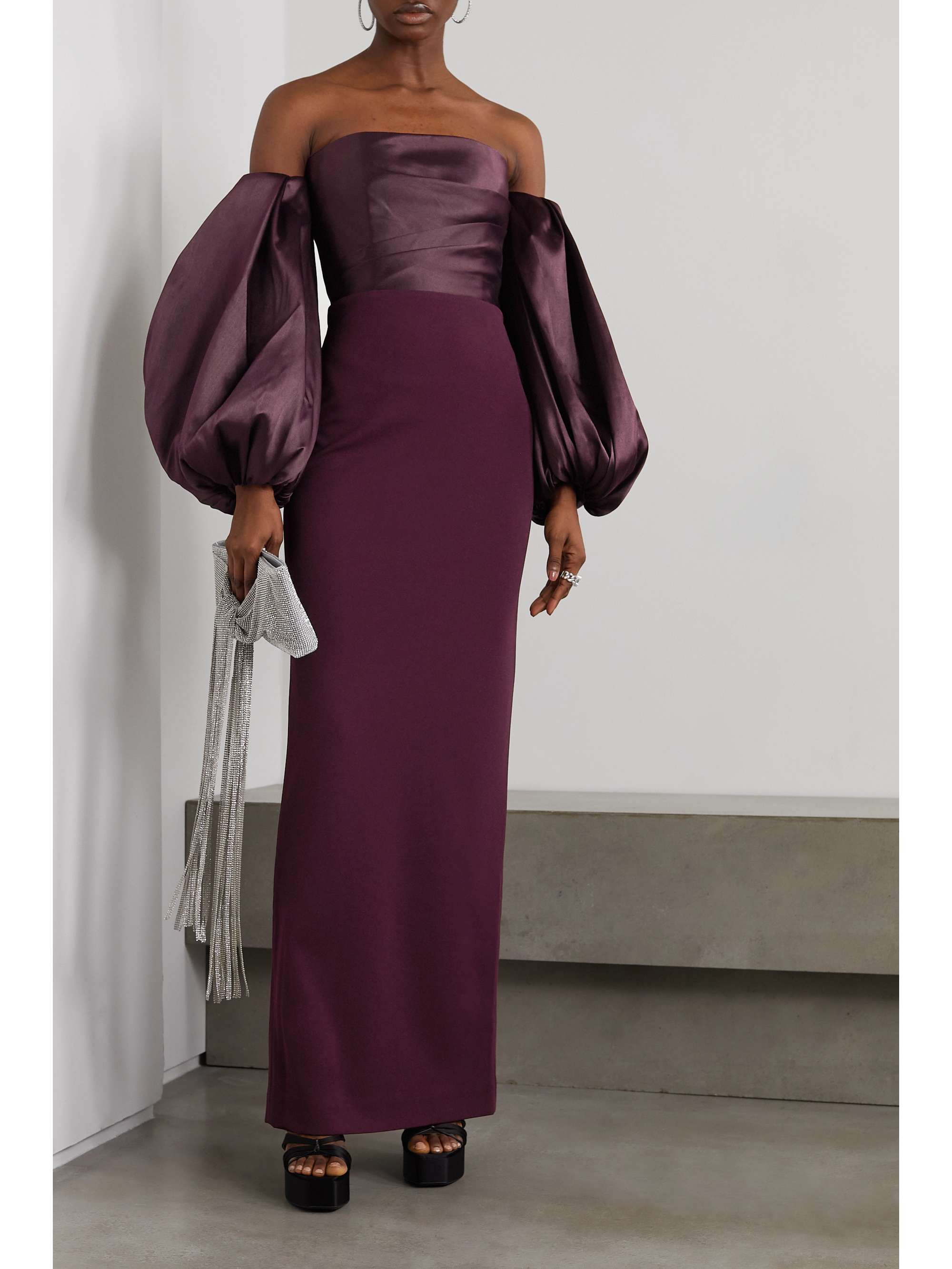 SOLACE LONDON Carmen off-the-shoulder gathered satin and crepe maxi dress