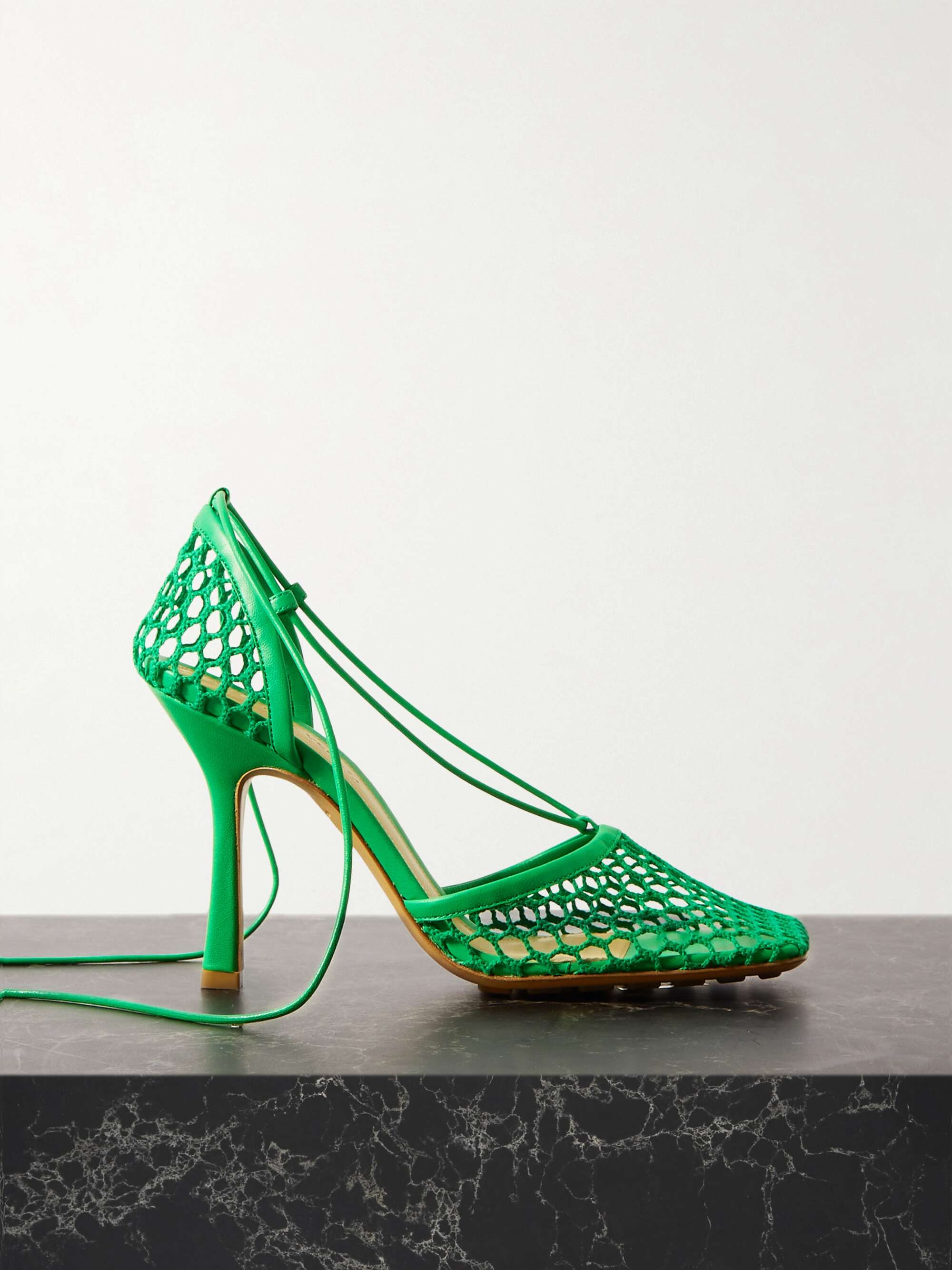 Lace-up leather-trimmed mesh pumps