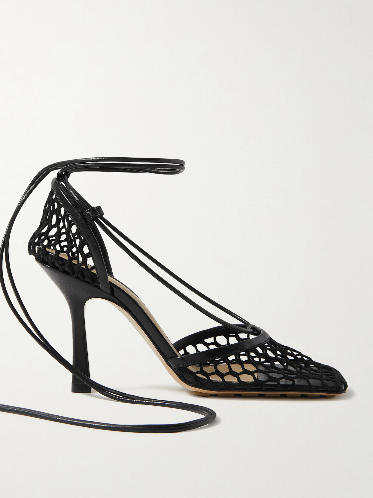 Shop Bottega Veneta Lace-up Leather-trimmed Mesh Pumps In Black