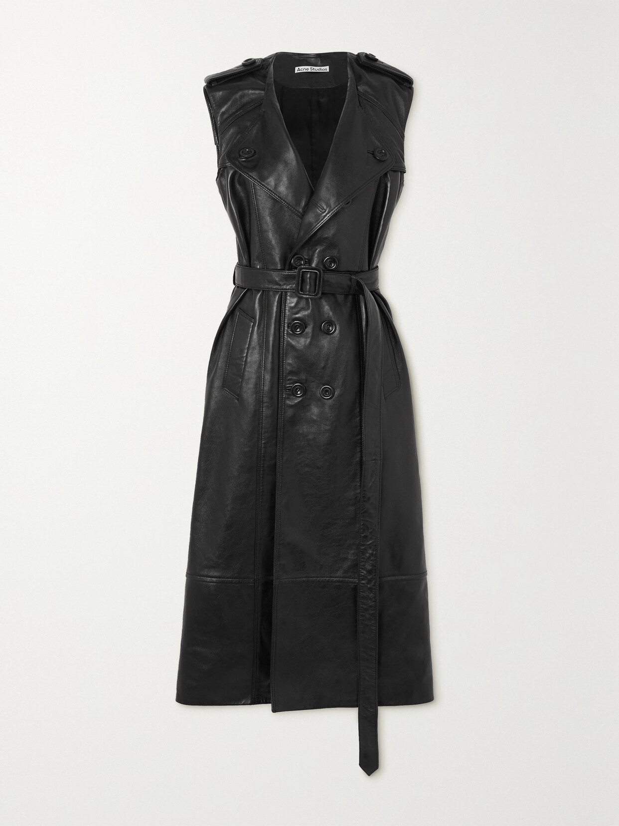 Acne Studios Double-breasted Belted Leather Coat In Black