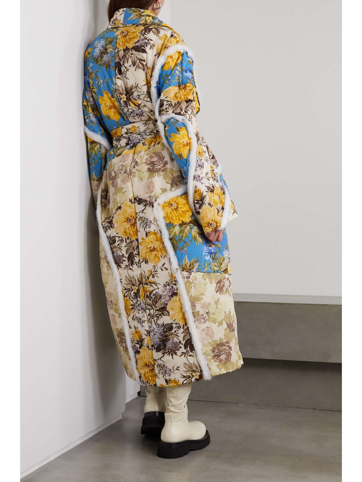 Acne Studios Belted Cotton-trimmed Floral-print Cotton-shell Coat In Neutrals