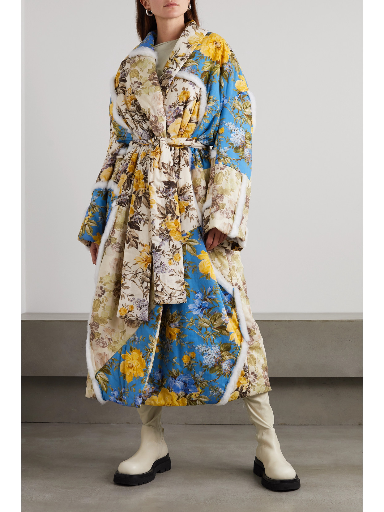 Acne Studios Belted Cotton-trimmed Floral-print Cotton-shell Coat In Neutrals