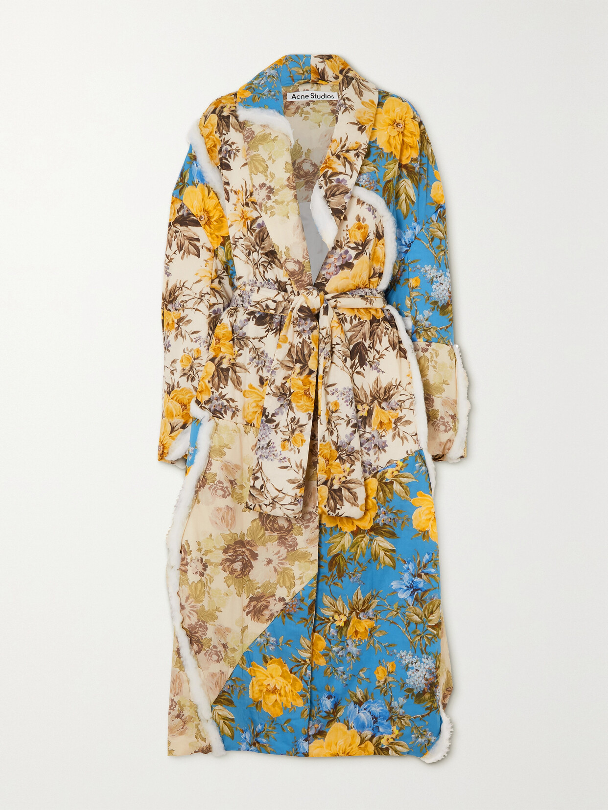Acne Studios Belted Cotton-trimmed Floral-print Cotton-shell Coat In Neutrals