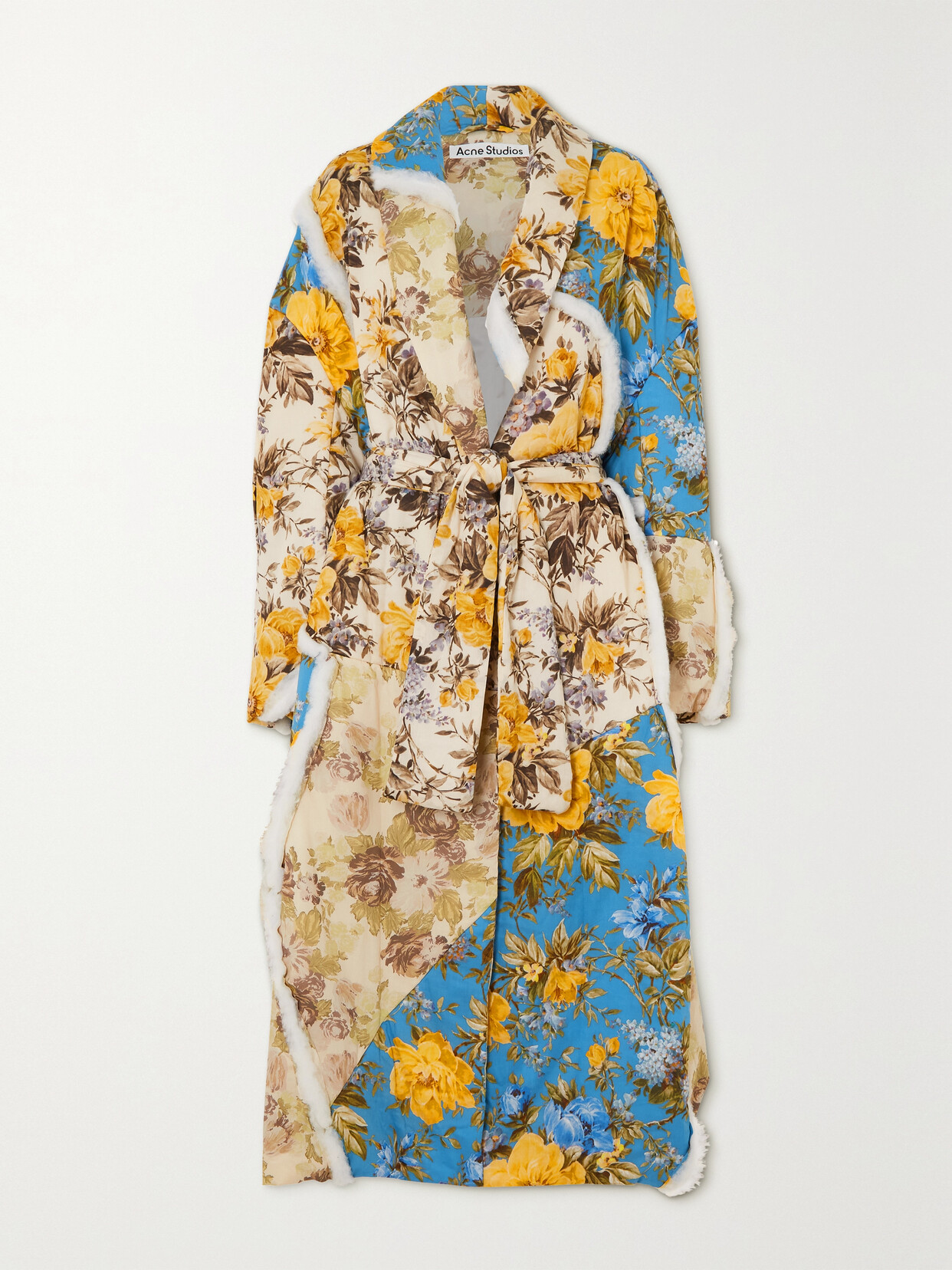 Shop Acne Studios Belted Cotton-trimmed Floral-print Cotton-shell Coat In Neutrals