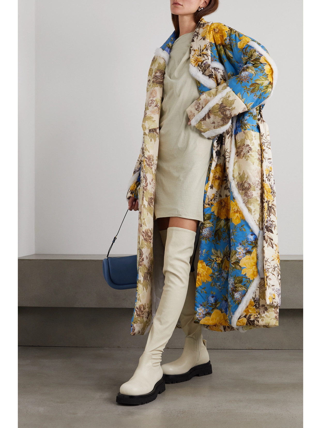 Acne Studios Belted Cotton-trimmed Floral-print Cotton-shell Coat In Neutrals