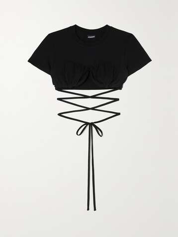 자크뮈스 반팔티 JACQUEMUS Baci cropped gathered organic cotton-jersey T-shirt,Black