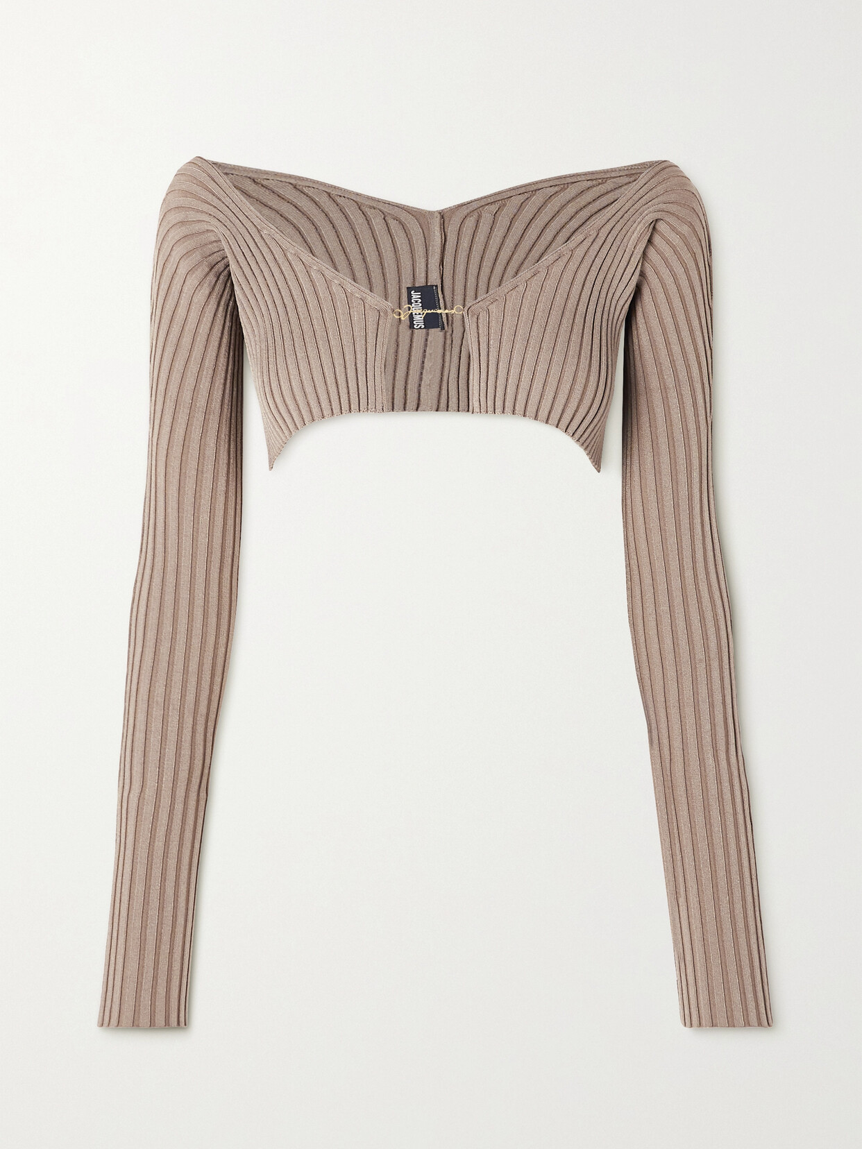 Shop Jacquemus Pralù Embellished Cropped Ribbed-knit Cardigan In Neutrals