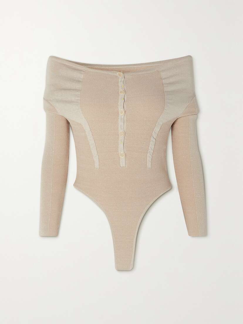 Jacquemus Vovo Off-the-shoulder Paneled Stretch-knit Bodysuit