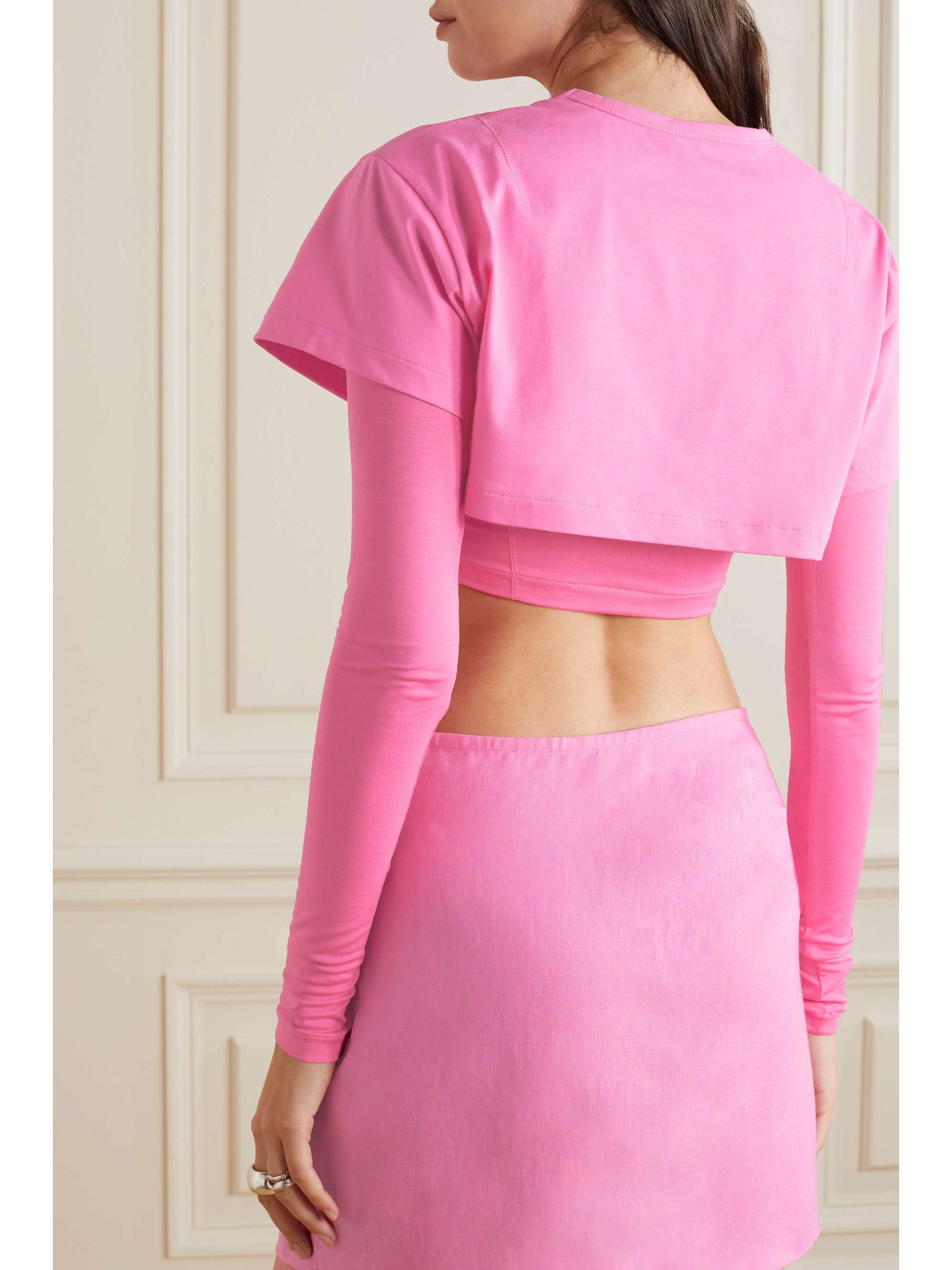 JACQUEMUS Le Double cropped layered cotton-jersey and stretch-Lyocell T-shirt