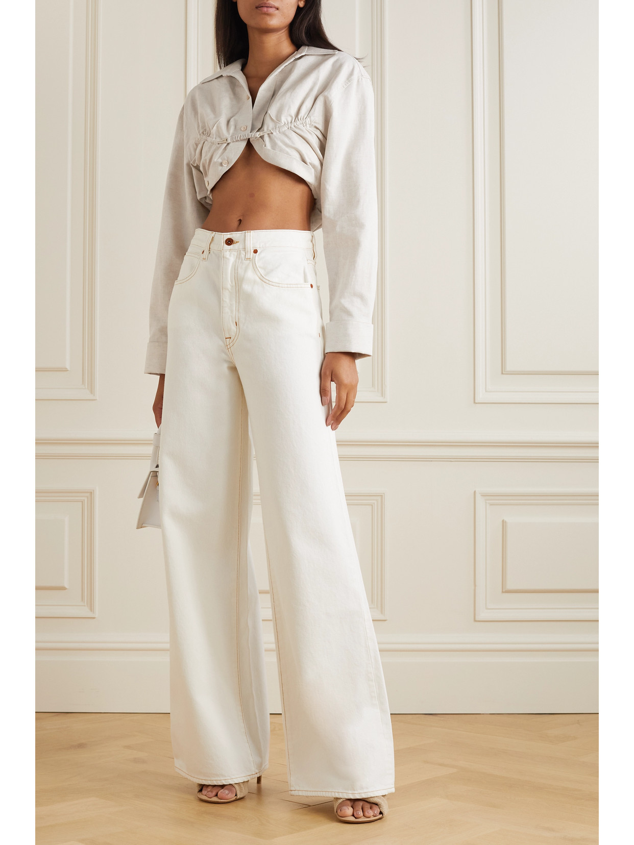 Jacquemus Baci Cropped Underwired Cotton And Linen-blend Shirt In Beige