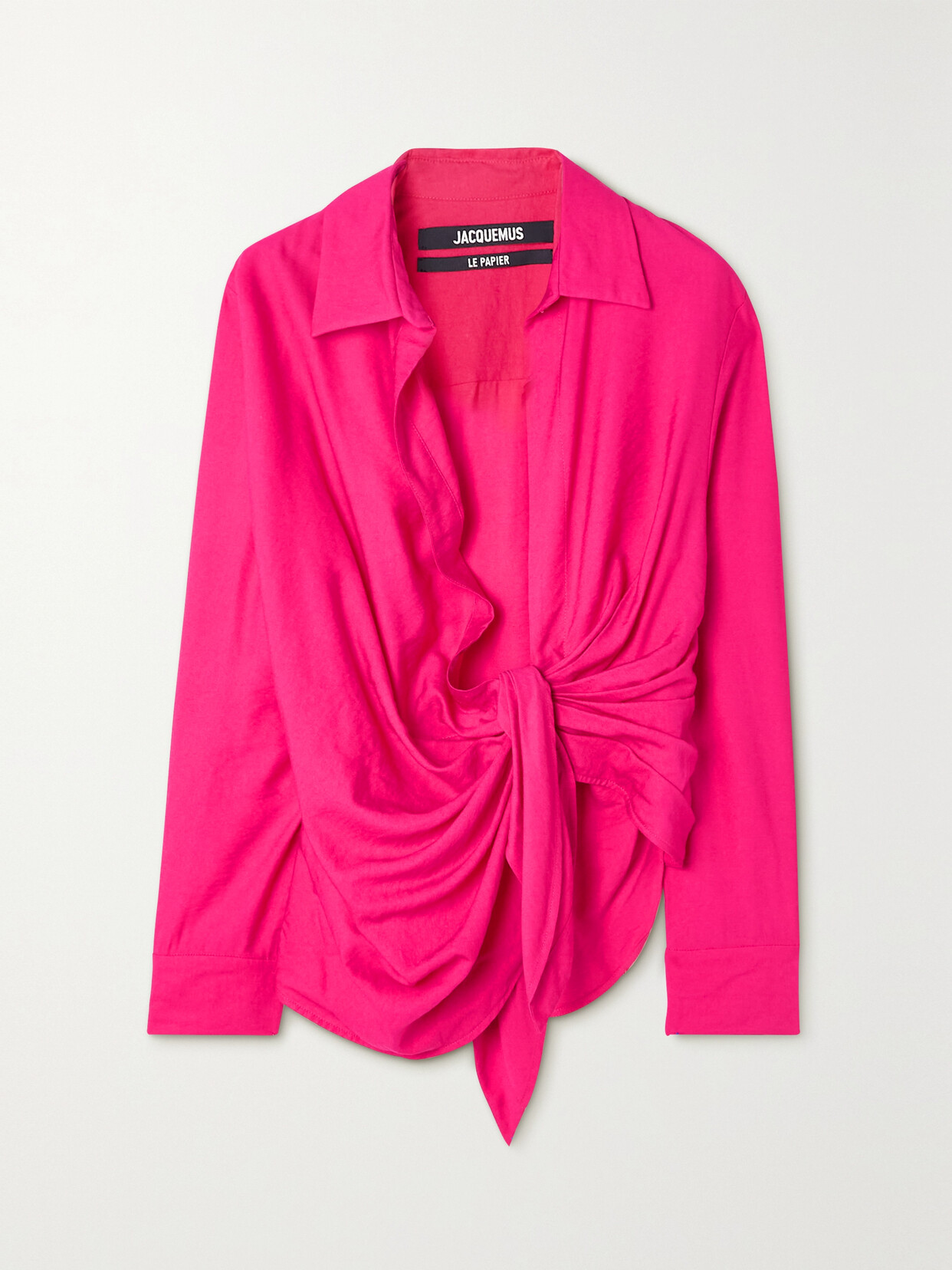 Jacquemus Bahia Knotted Draped Satin-twill Shirt In Pink