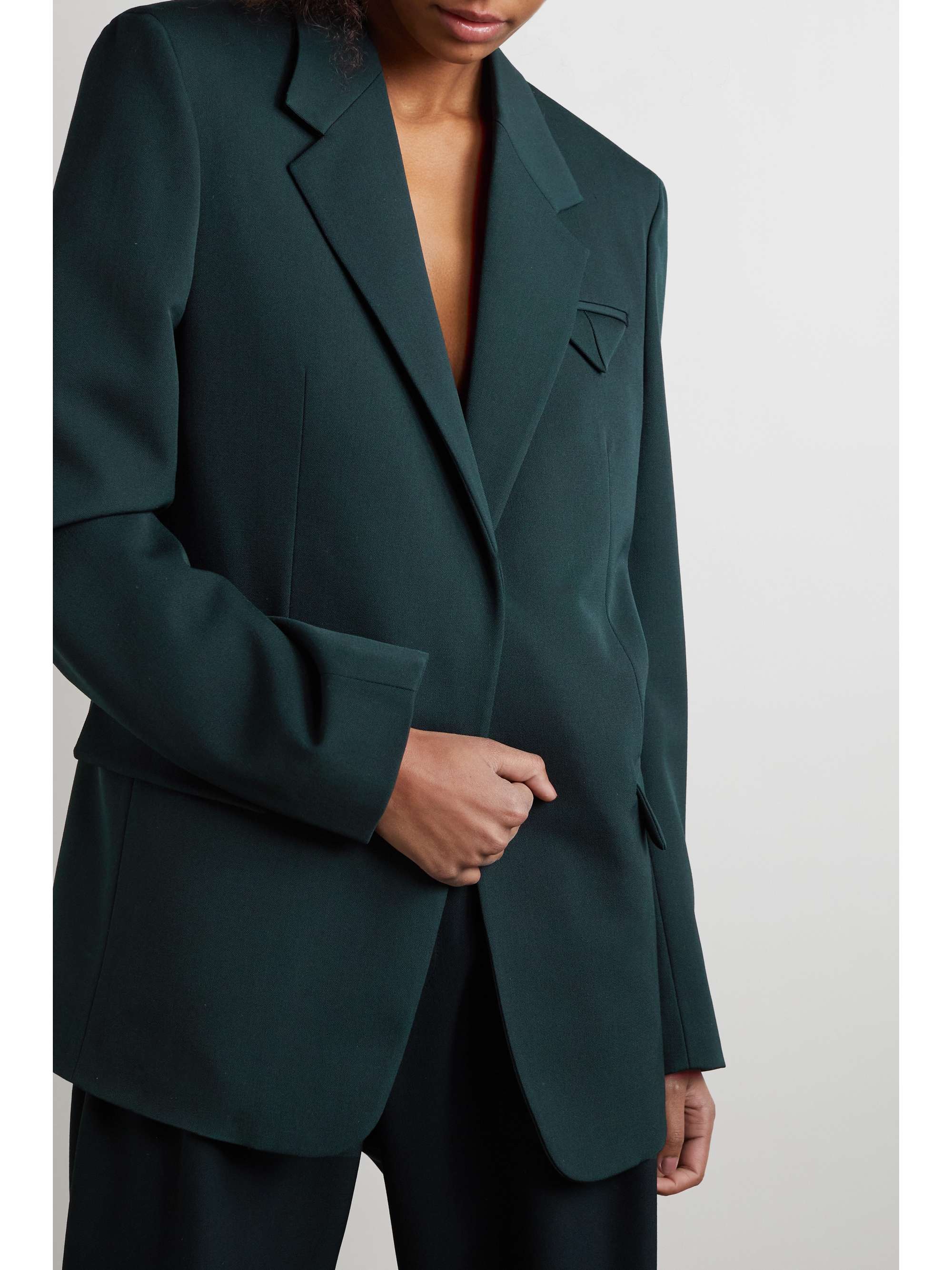 BOTTEGA VENETA Belted leather-trimmed grain de poudre wool-blend blazer