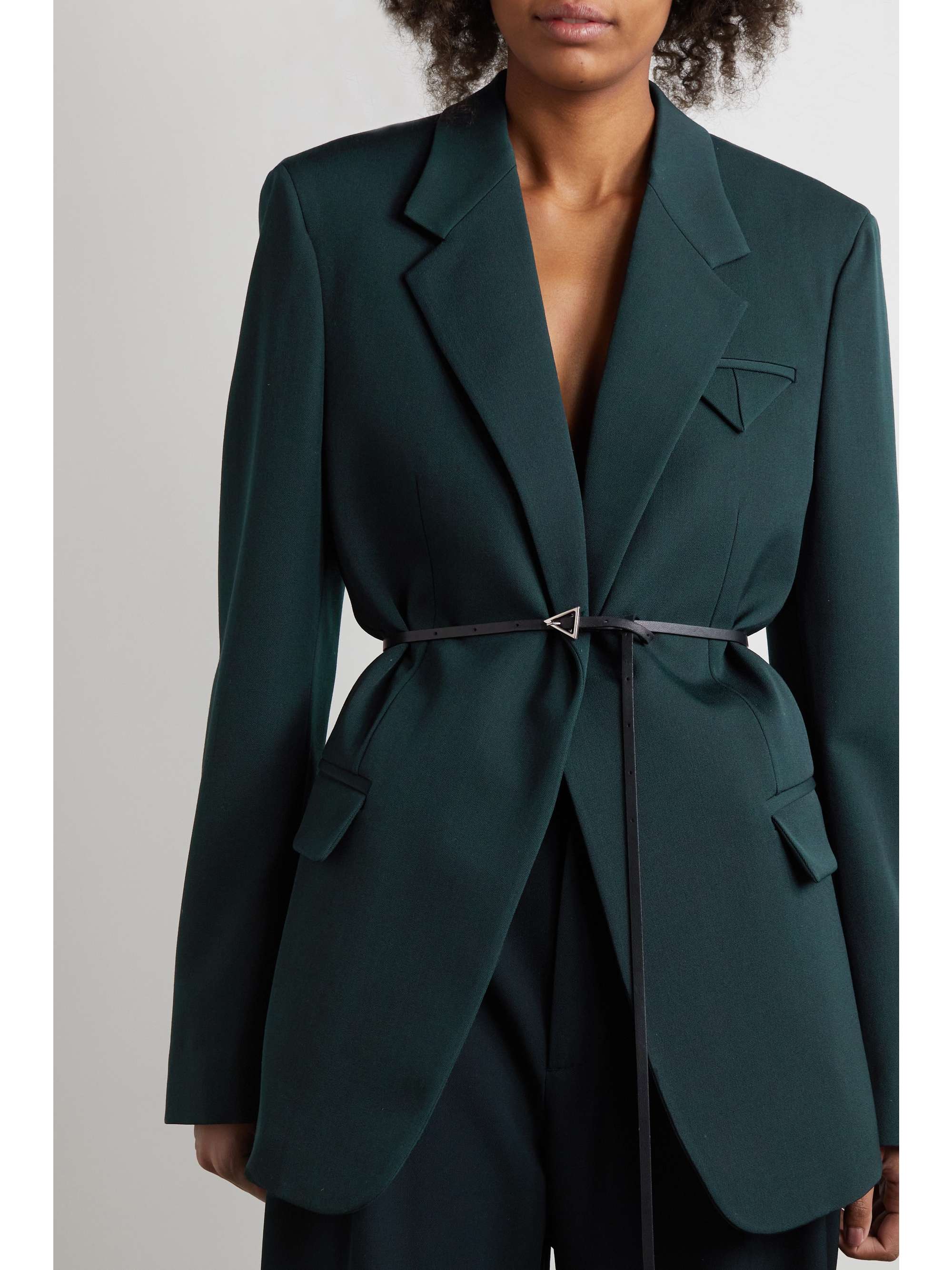 BOTTEGA VENETA Belted leather-trimmed grain de poudre wool-blend blazer