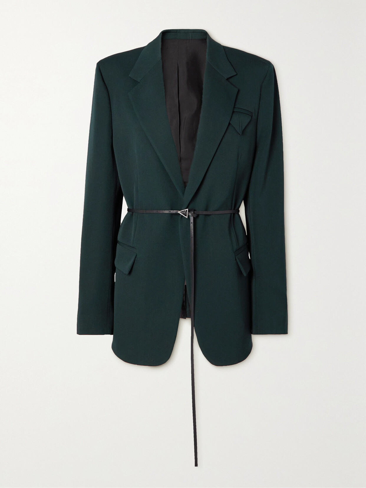 Bottega Veneta Belted Leather-trimmed Grain De Poudre Wool-blend Blazer In Green