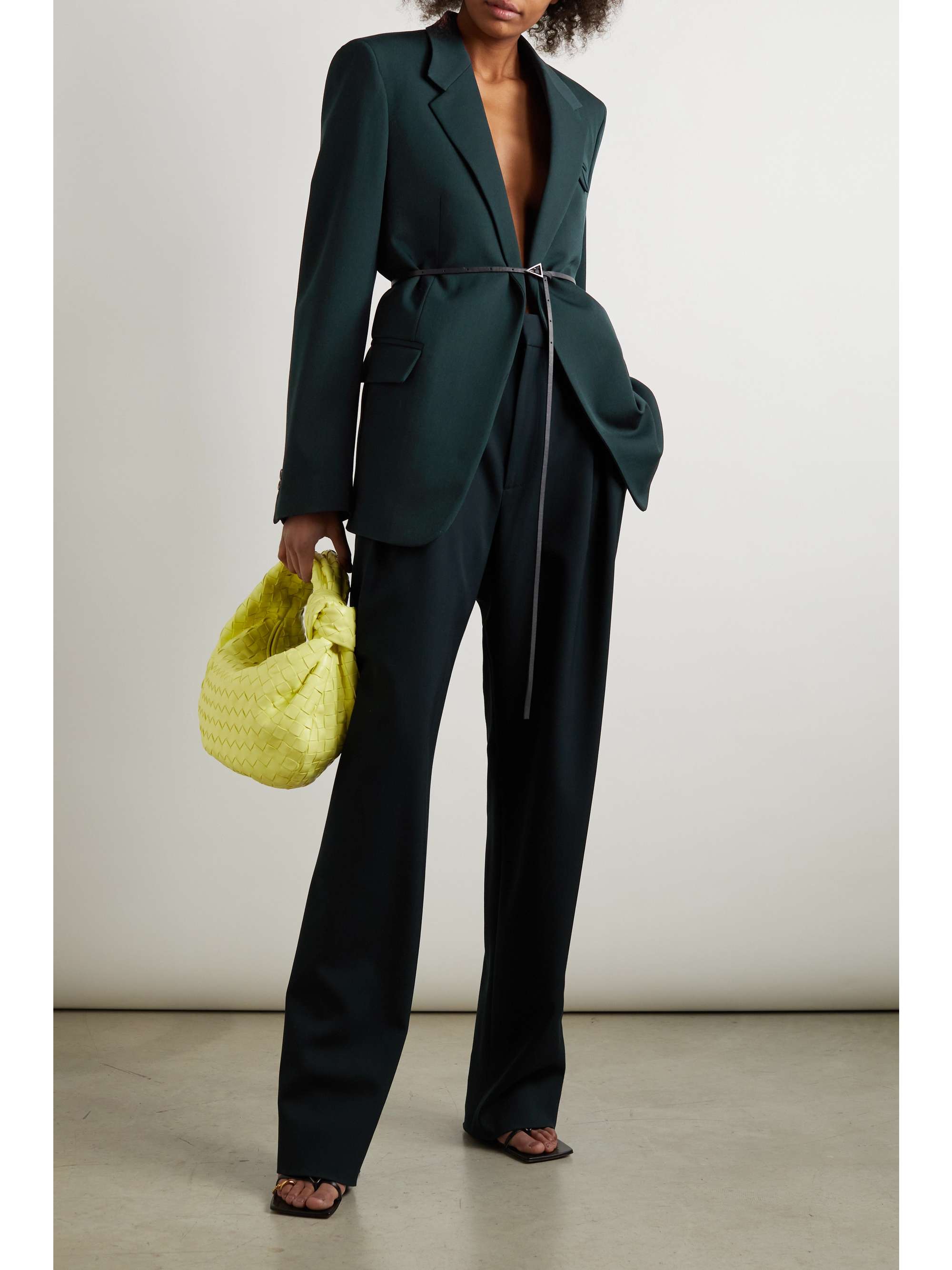 BOTTEGA VENETA Belted leather-trimmed grain de poudre wool-blend blazer