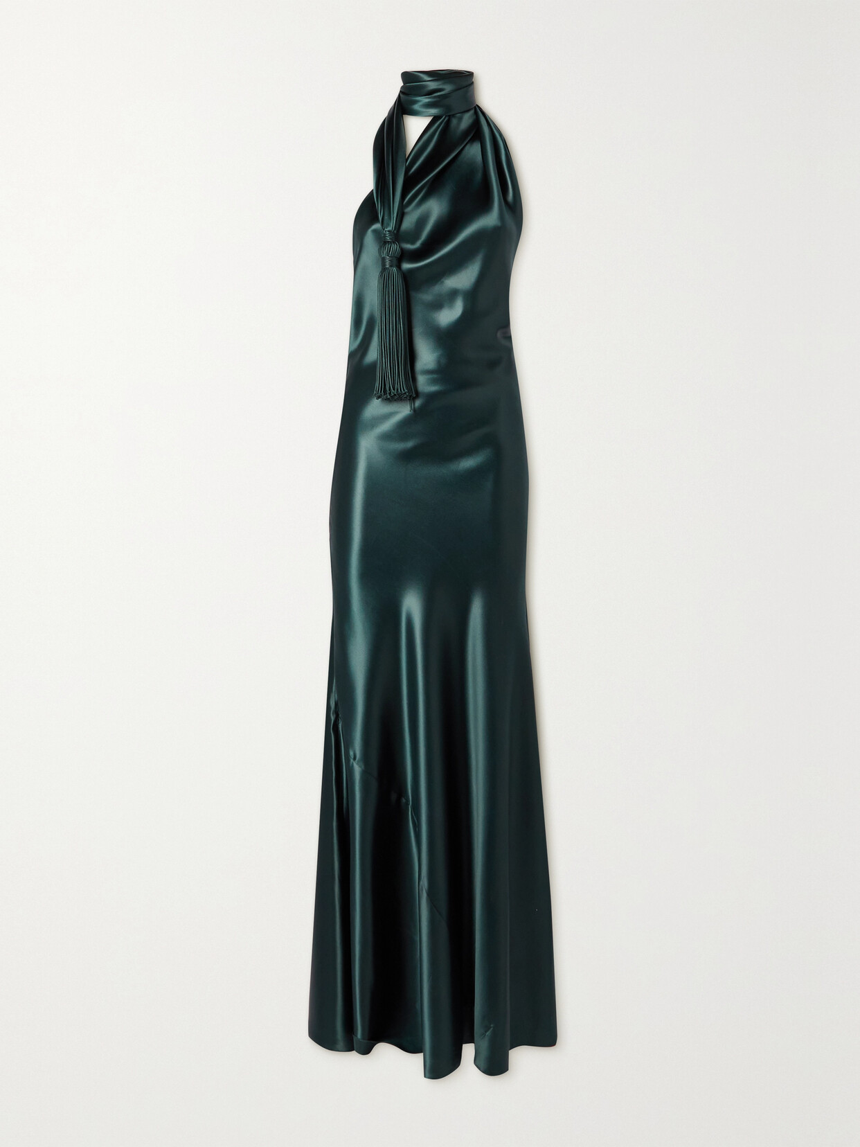 Bottega Veneta - Tasseled Draped Cupro-satin Halterneck Gown - Green