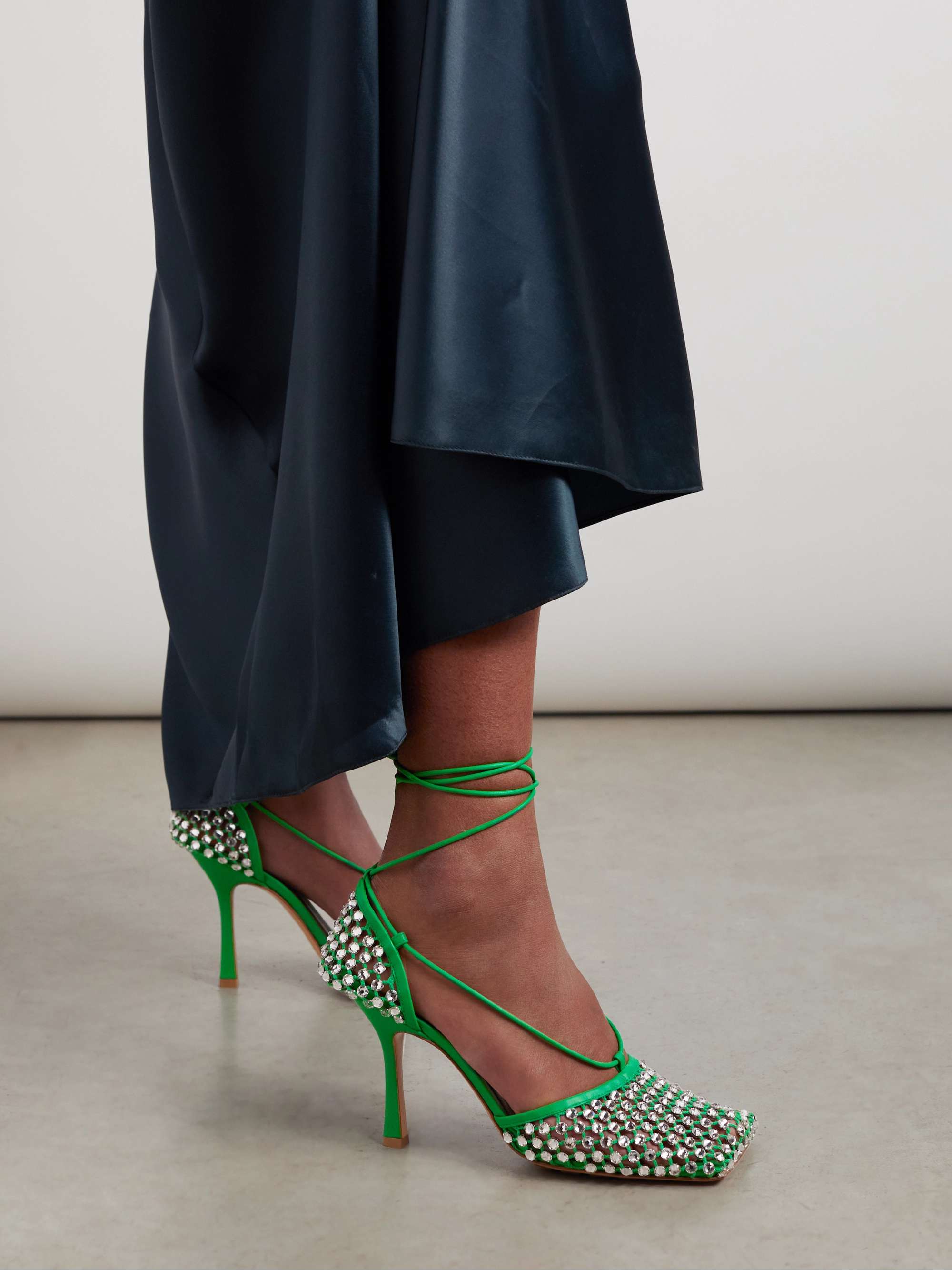 BOTTEGA VENETA Leather-trimmed crystal-embellished mesh pumps