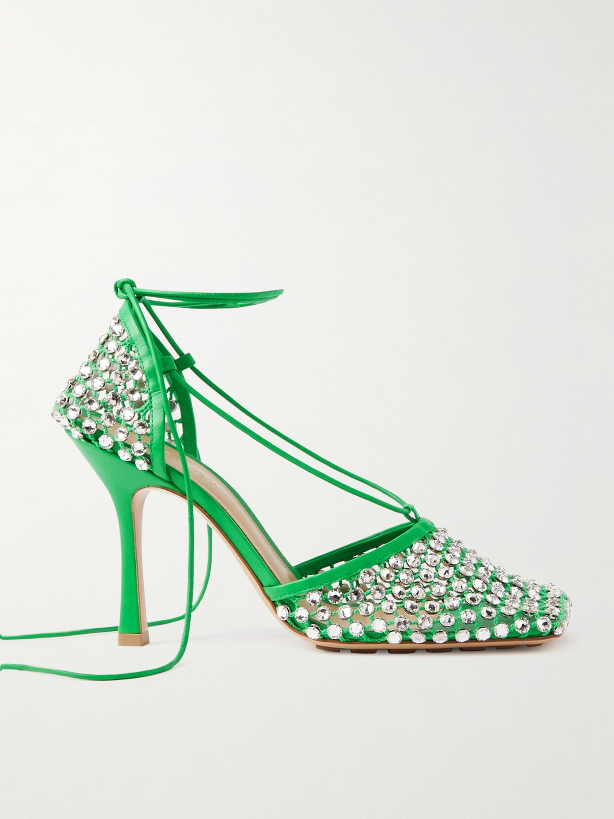 Shop Bottega Veneta Leather-trimmed Crystal-embellished Mesh Pumps In Green