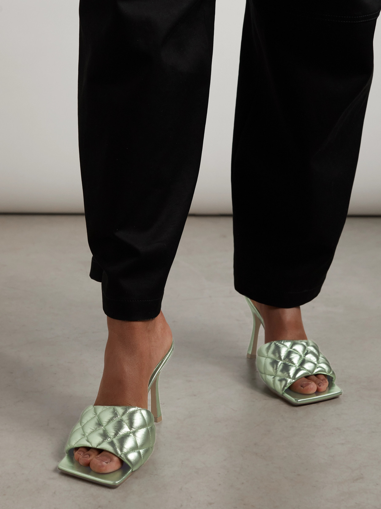 Shop Bottega Veneta Quilted Metallic Leather Mules In Green