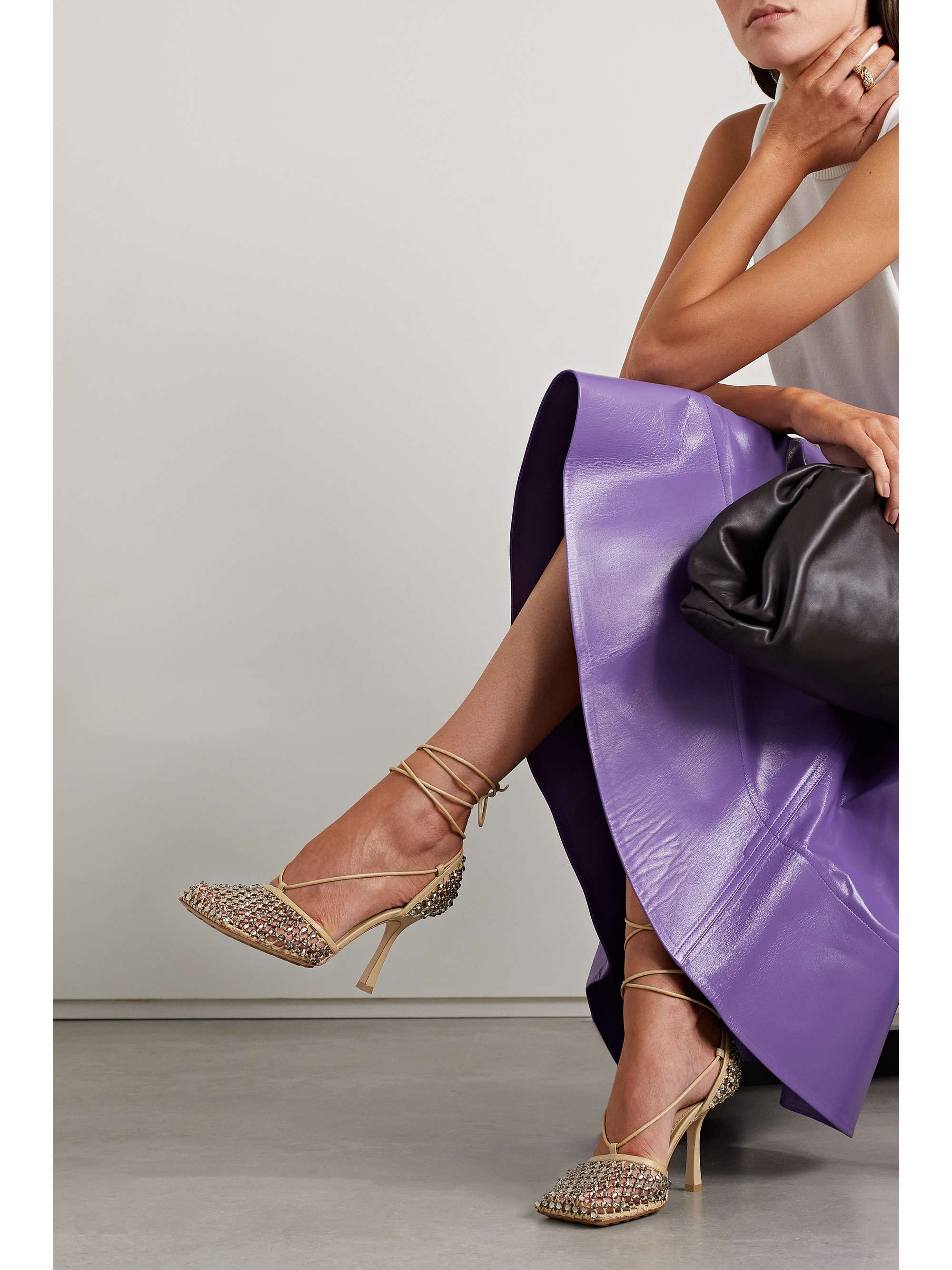 BOTTEGA VENETA Leather-trimmed crystal-embellished mesh pumps
